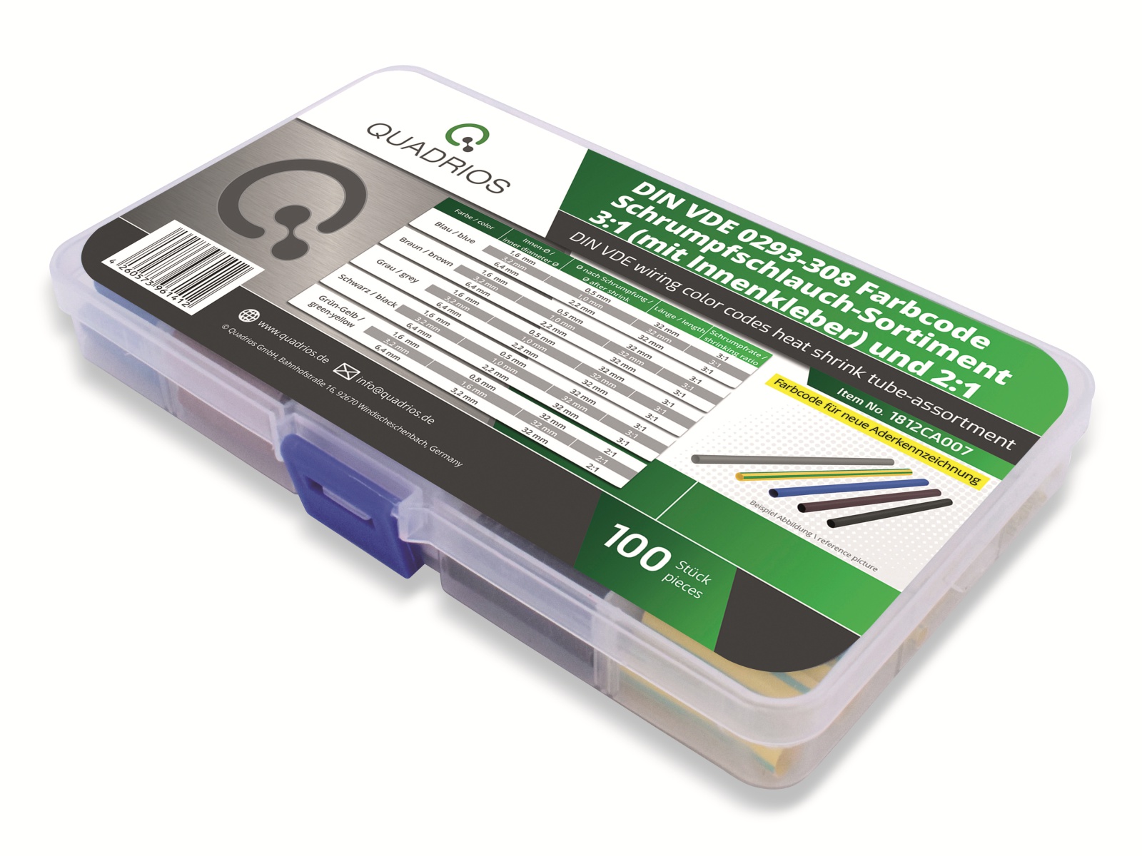 QUADRIOS 1812CA007, Schrumpfschlauch Sortiment DIN VDE 0293-308 Farbcode 100 Stück (3:1 & 2:1)