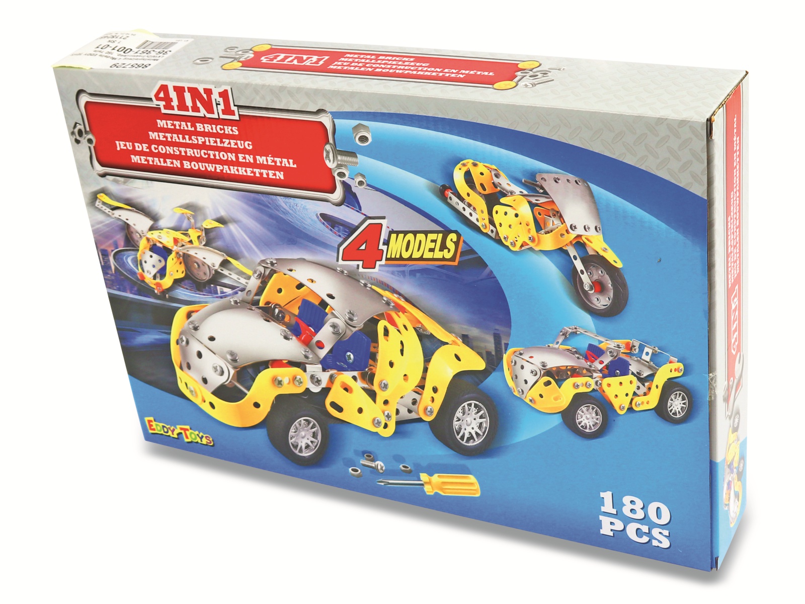 EDDY TOYS Metallspielzeug, 4 Modelle Auto/Cabrio/Motorrad/Heli, 180 Teile