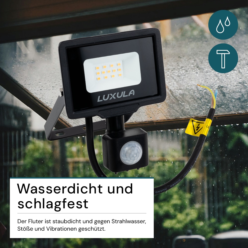 LUXULA LED-Fluter mit Bewegungsmelder, EEK: F, 10W, 1000lm, 4000K, schwarz