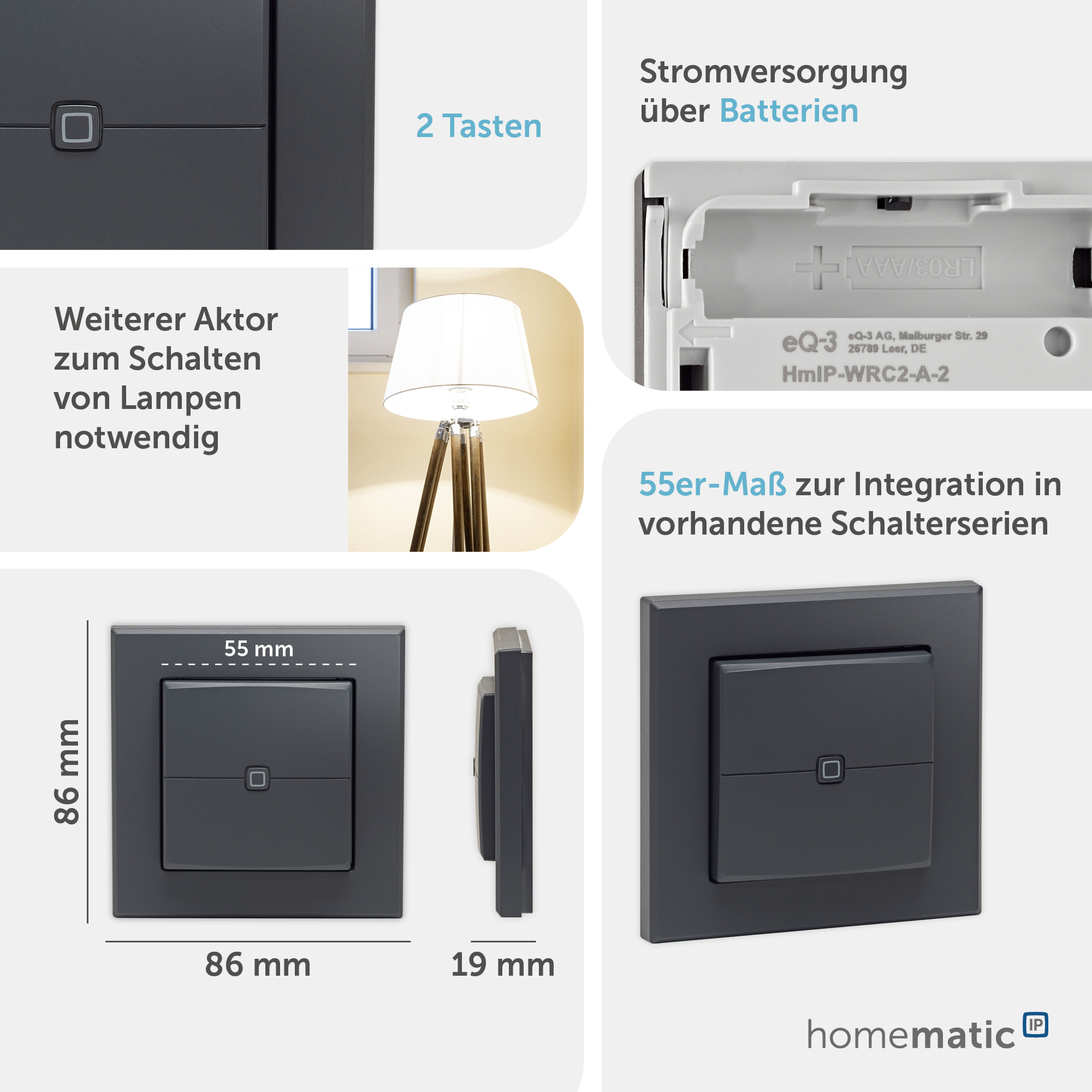 HOMEMATIC IP 161869A0 Wandtaster 2-fach anthrazit HOMEMATIC IP 161869A0 Wandtaster 2-fach anthrazit