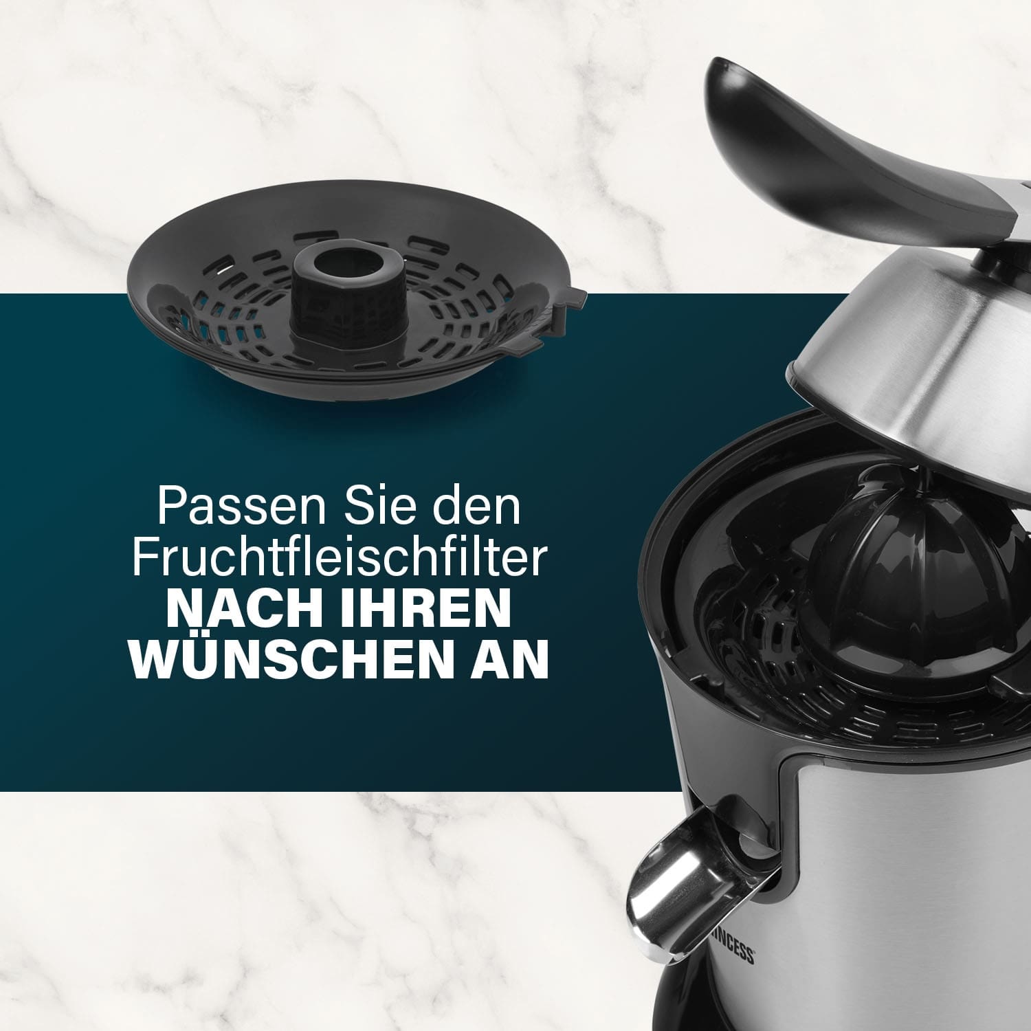 PRINCESS Edelstahl-Zitrusfruchtpresse, 2 Presskegel, mit Filter, 100 W PRINCESS Edelstahl-Zitrusfruchtpresse, 2 Presskegel, mit Filter, 100 W