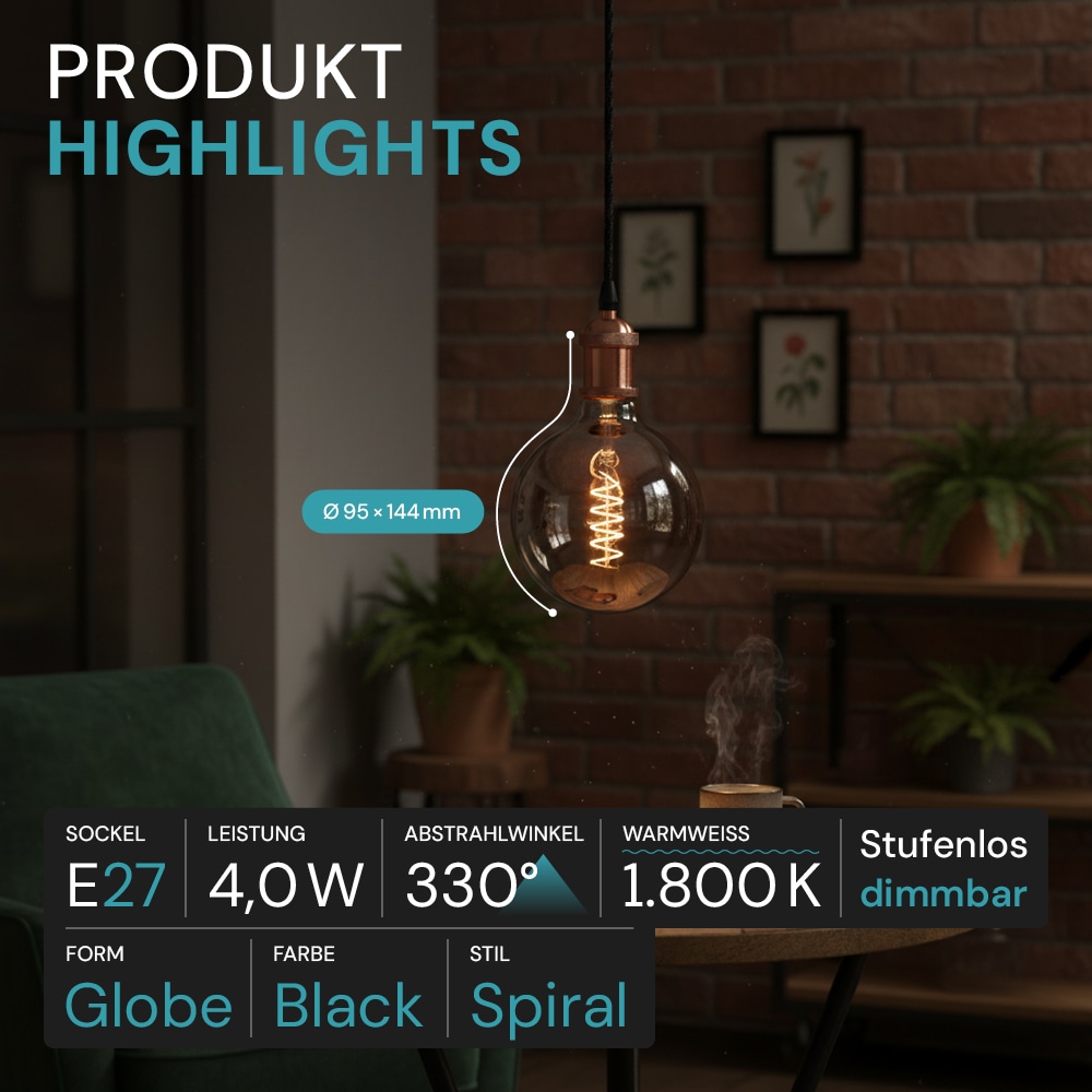 LUXULA LED-Filament-Lampe, SPIRAL, Globe, E27, 4W, 40lm, 1800K, dimmbar