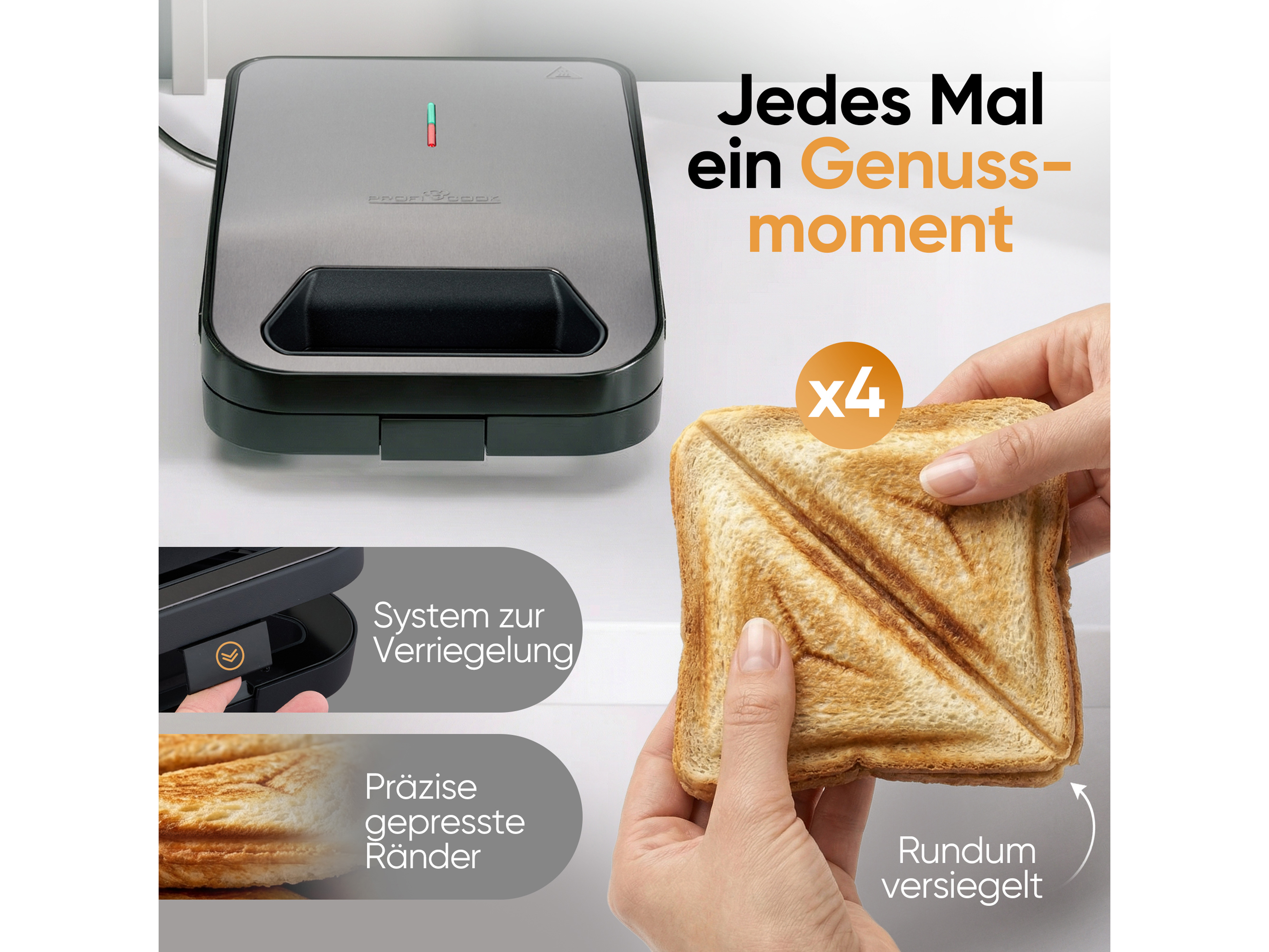 PROFICOOK Sandwichmaker PC-ST 1329, 4 Sandwiches, antihaftbeschichtet, 1600W