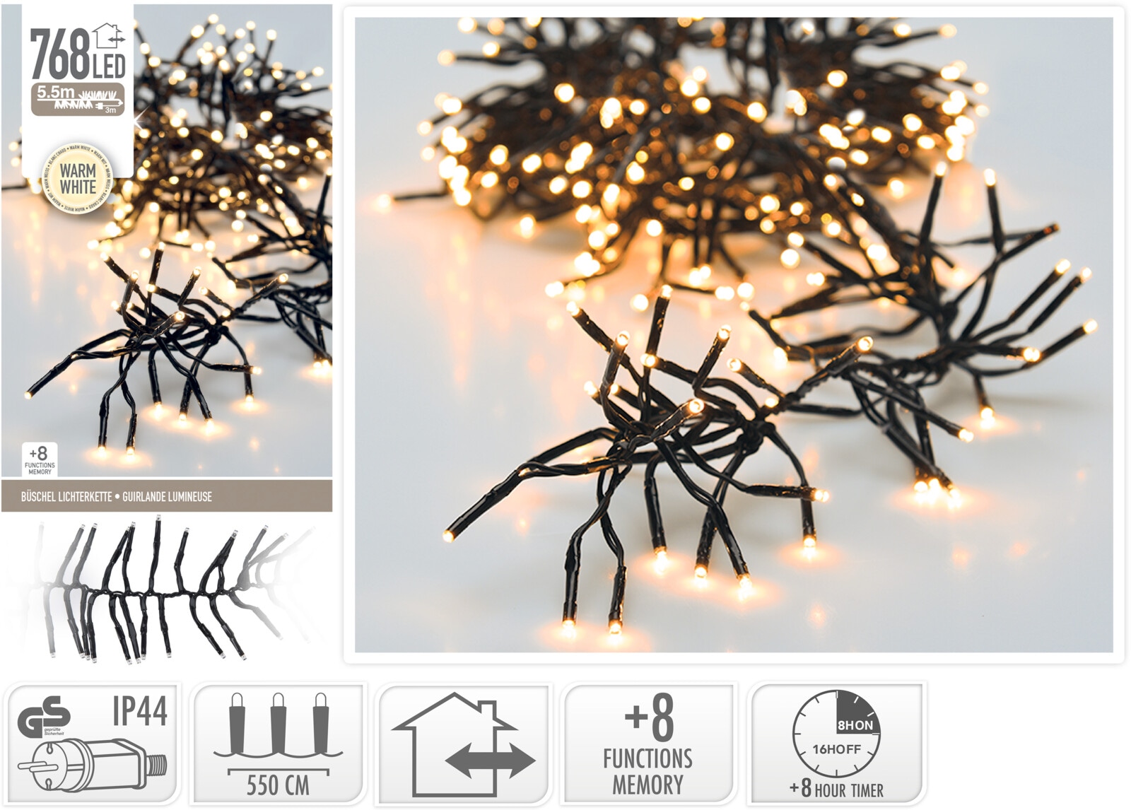 KOOPMAN LED-Clusterlichterkette Büschel warmweiß, 768 LEDs, sw Kabel, Innen/Außen, 8,5m