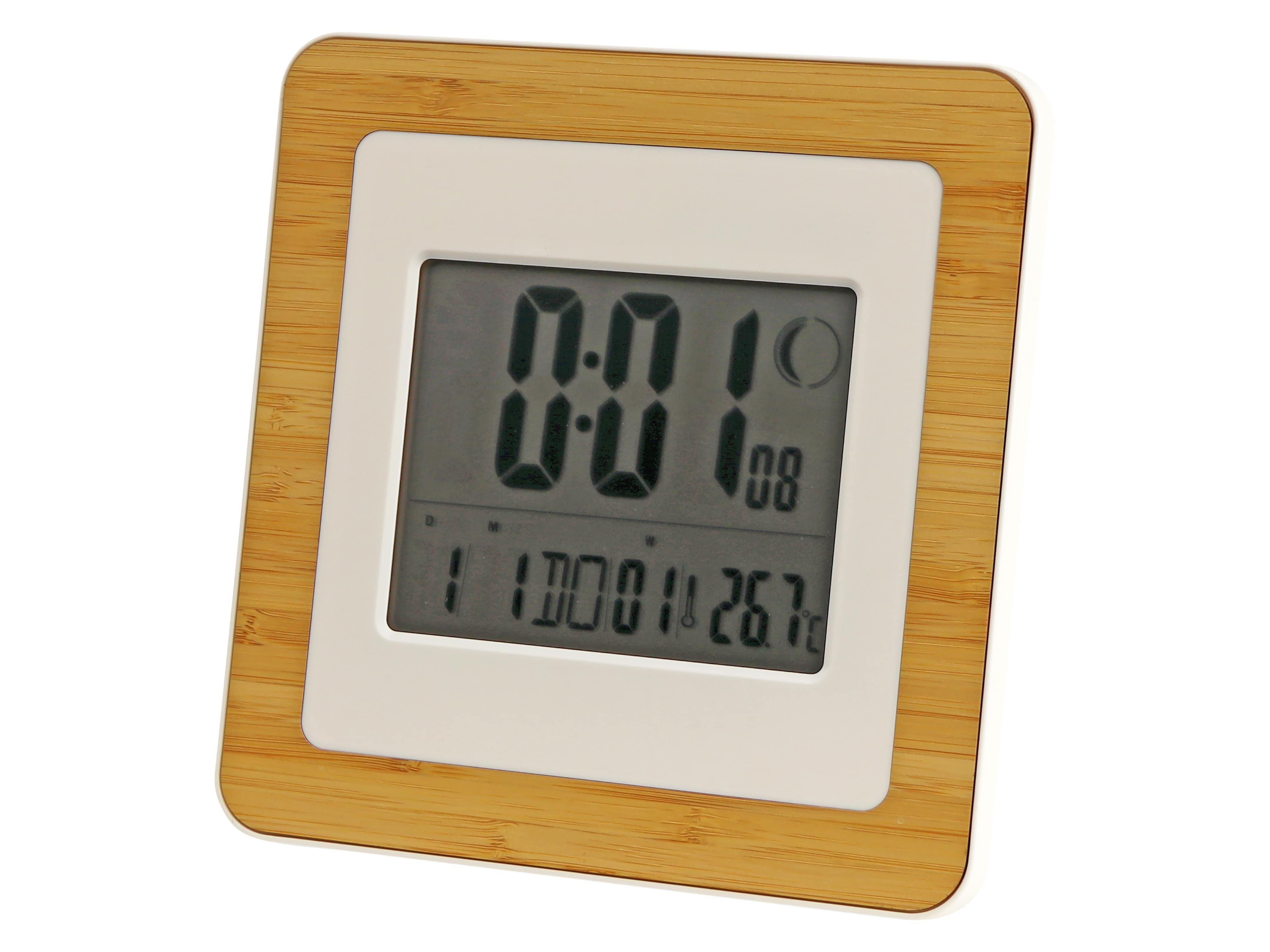 Digitale Funkuhr, Datumsanzeige, Wecker, Temperaturanzeige, groß, Holzoptik