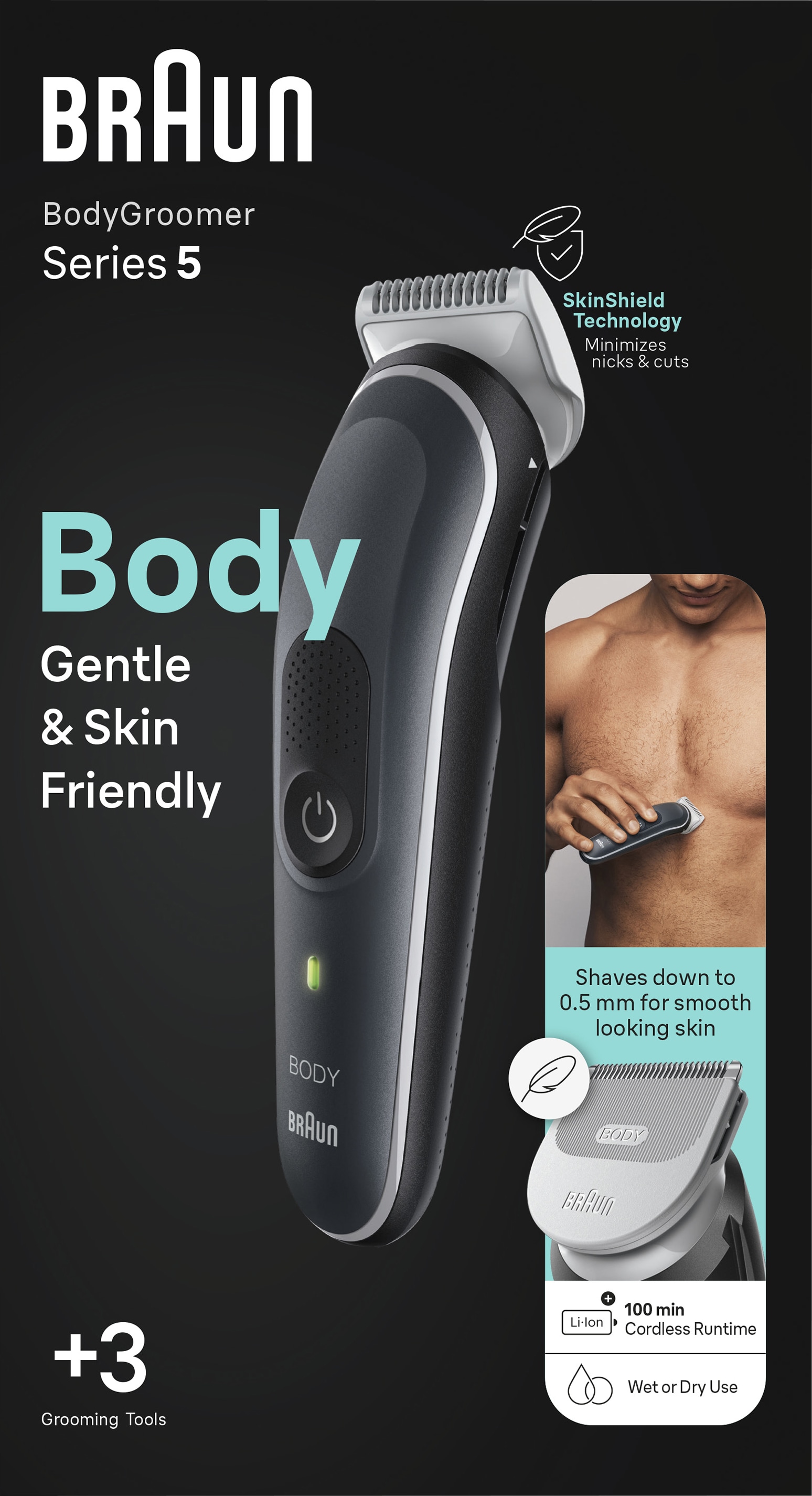 BRAUN BodyGroomer GB5340, Körperhaartrimmer, SkinShield-Technology