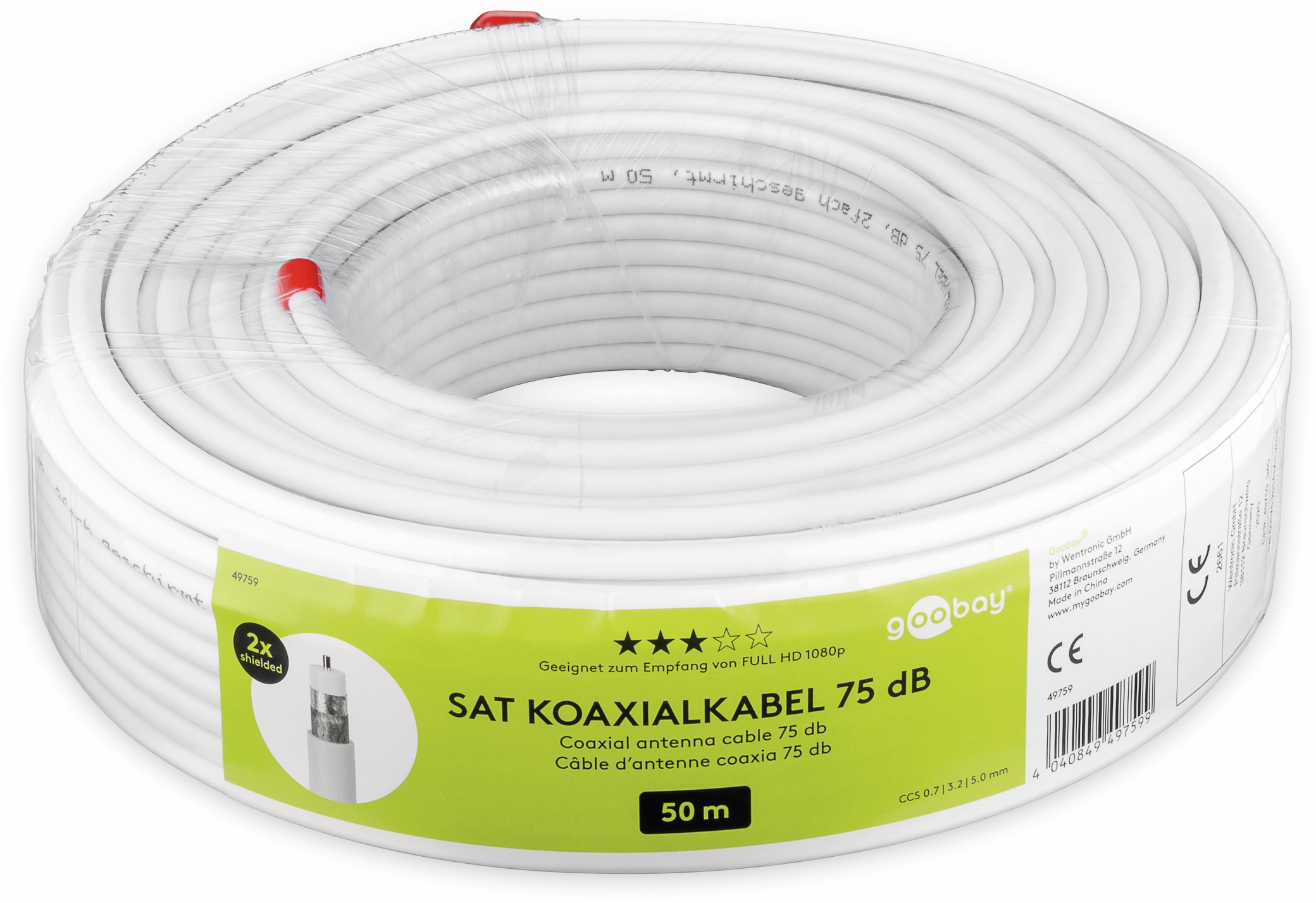 GOOBAY Koaxialkabel 49759, 50 m, weiß, 5 mm, CCS, 75 dB GOOBAY Koaxialkabel 49759, 50 m, weiß, 5 mm, CCS, 75 dB