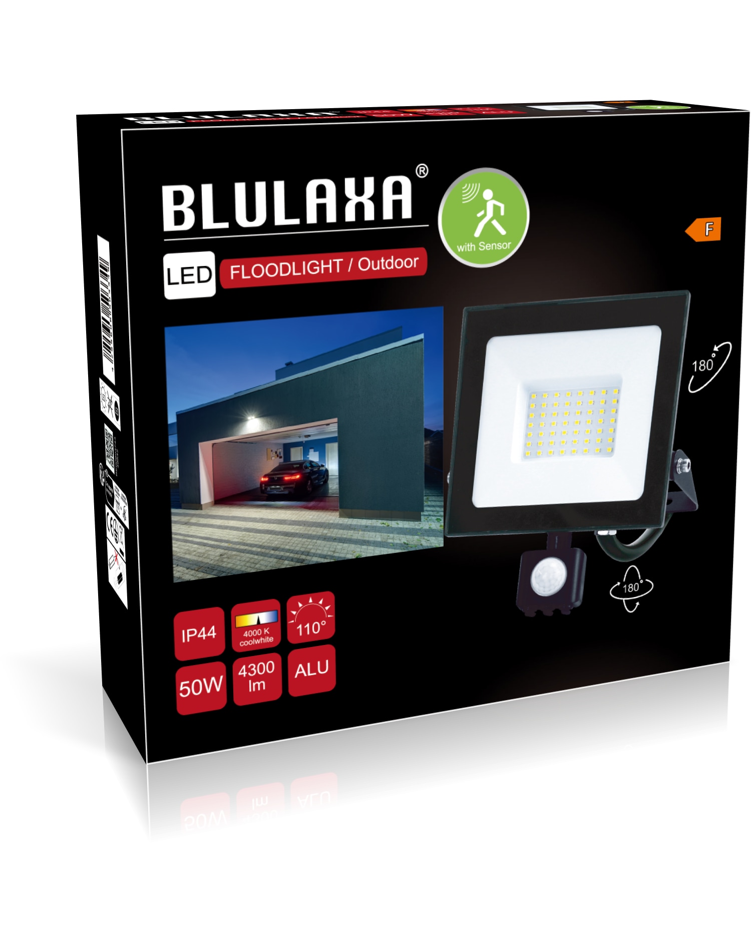 BLULAXA LED-Fluter mit Bewegungsmelder, EEK: F, 50W, 4300lm, 4000K, schwarz