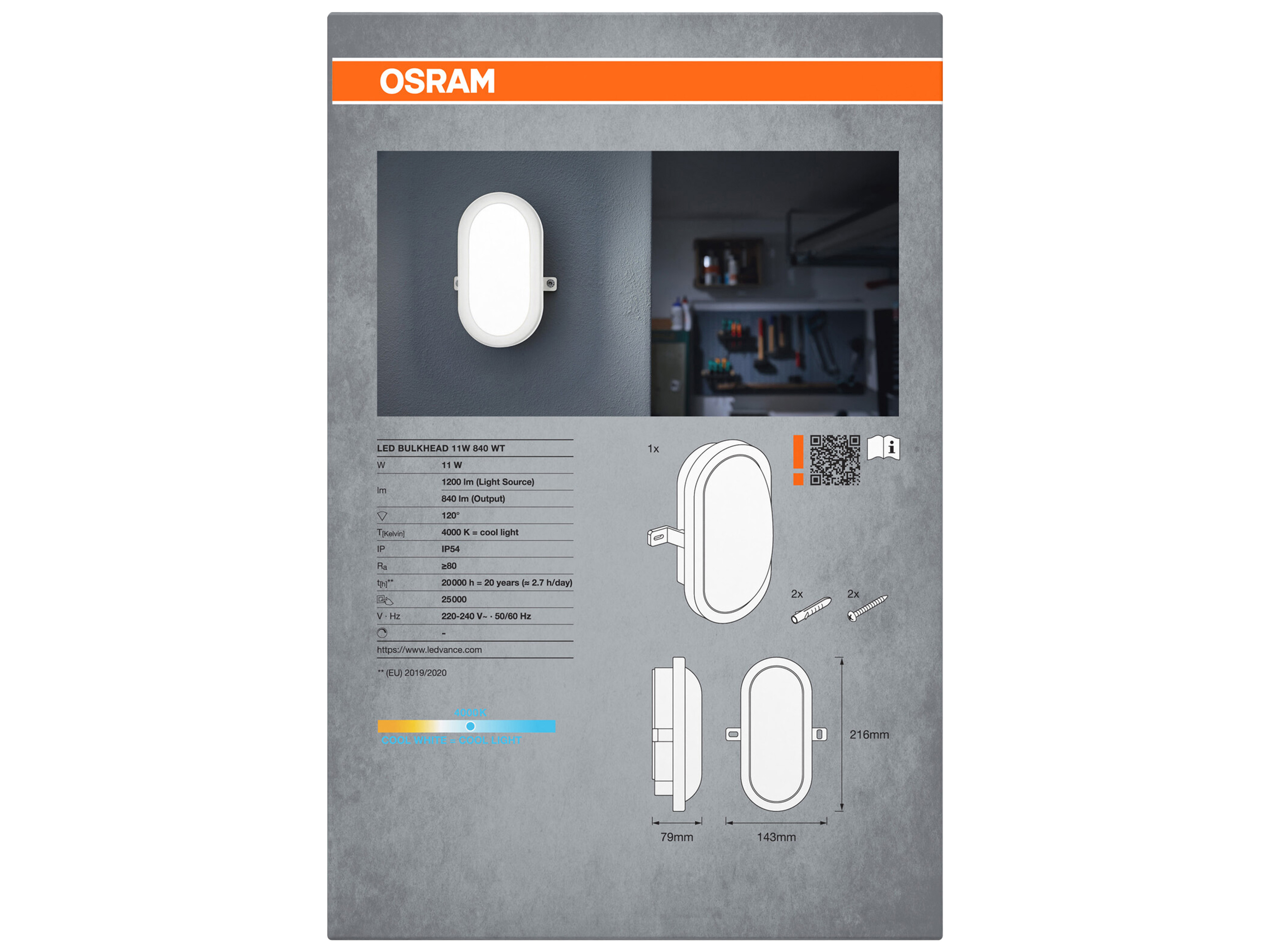 LED-Wandleuchte OSRAM, Bulkhead, 11W, 840lm, 4000K, IP56, weiß