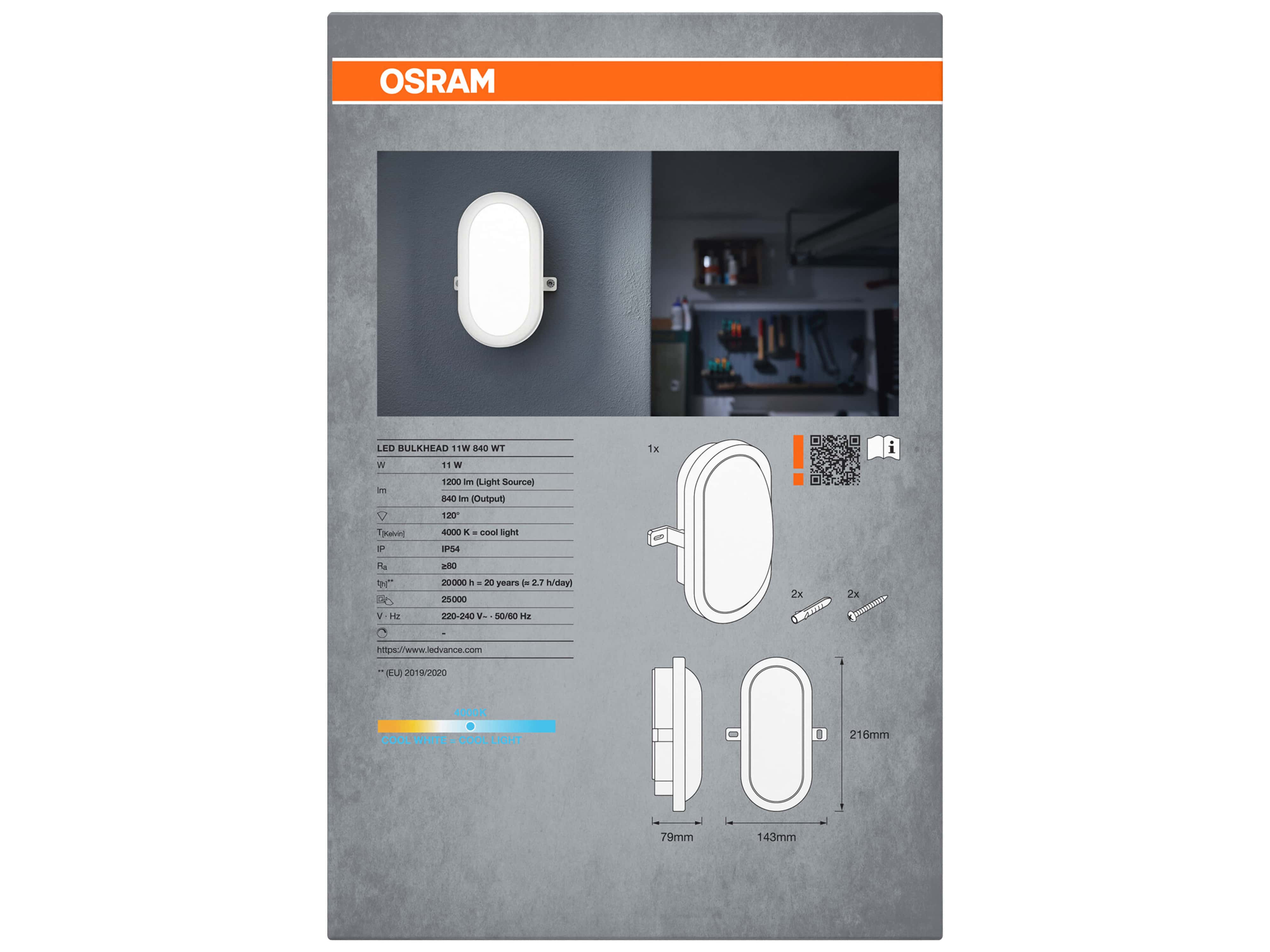 LED-Wandleuchte OSRAM, Bulkhead, 11W, 840lm, 4000K, IP56, weiß