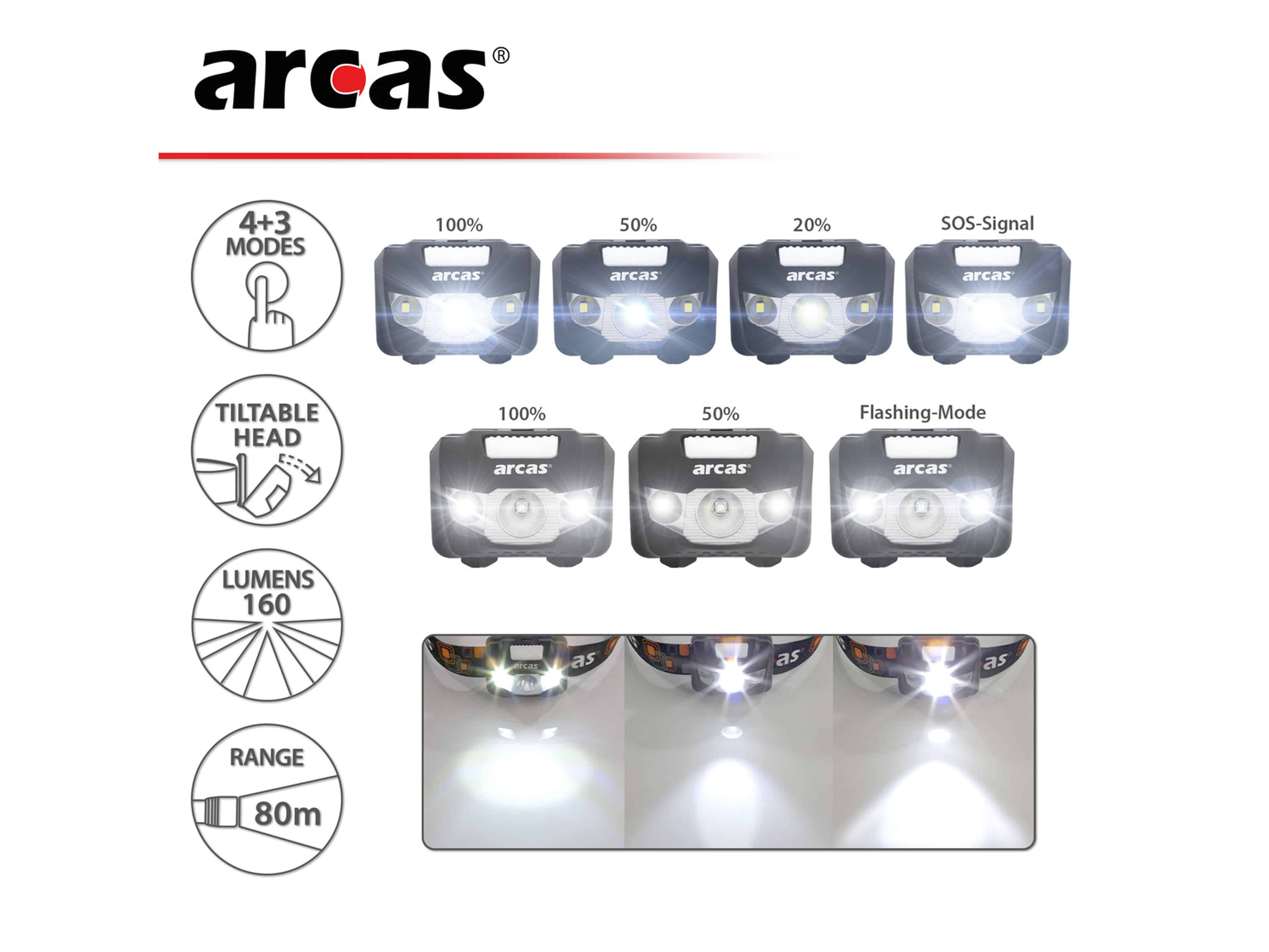 ARCAS LED-Stirnlampe, 5 W, 160 lm, 7 Funktionen, inkl. Batterien ARCAS LED-Stirnlampe, 5 W, 160 lm, 7 Funktionen, inkl. Batterien