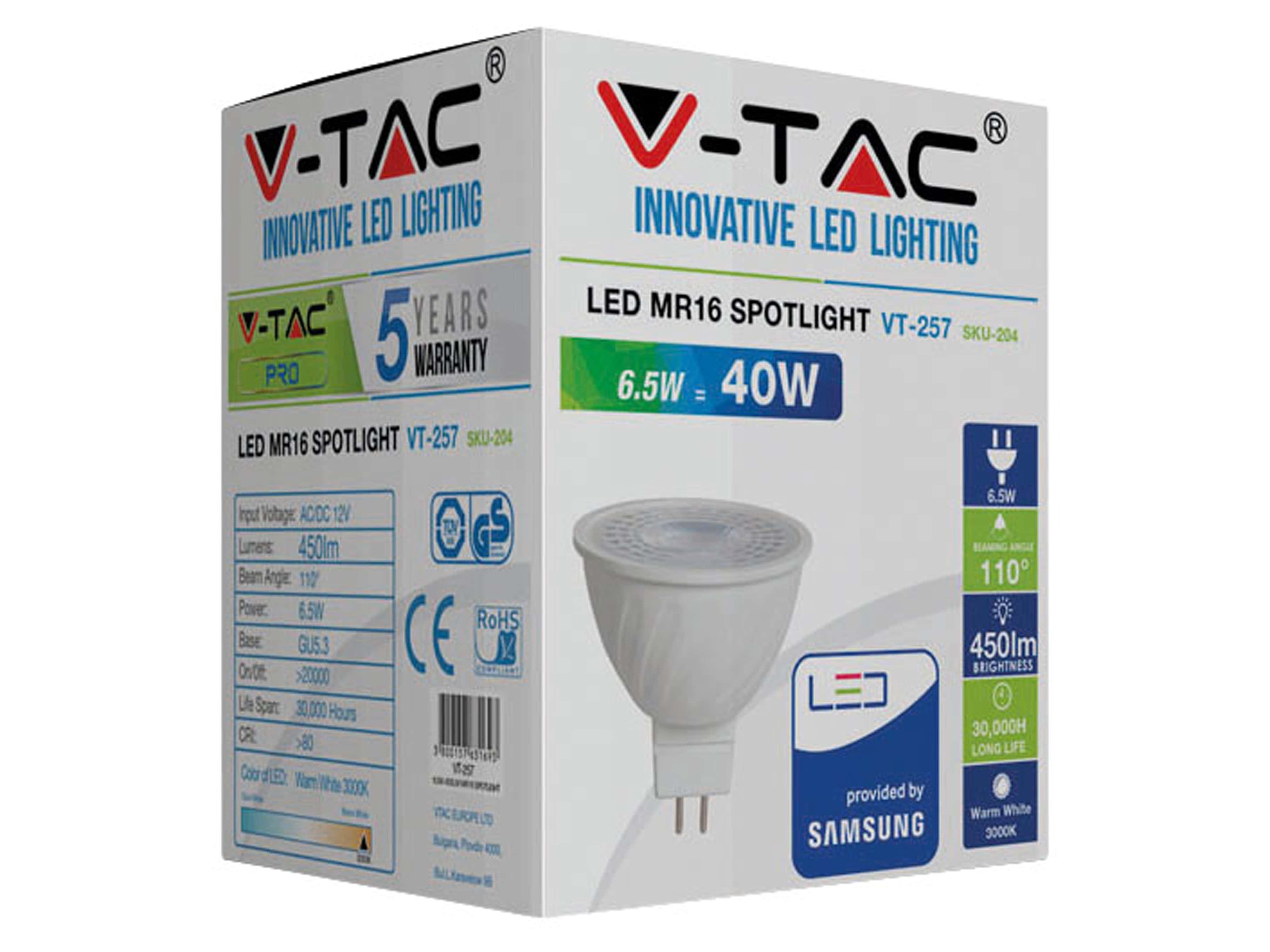 V-TAC LED-Lampe VT-257 (204), GU5,3, EEK: G, 6,5 W, 450 lm, 4000 K V-TAC LED-Lampe VT-257 (204), GU5,3, EEK: G, 6,5 W, 450 lm, 4000 K
