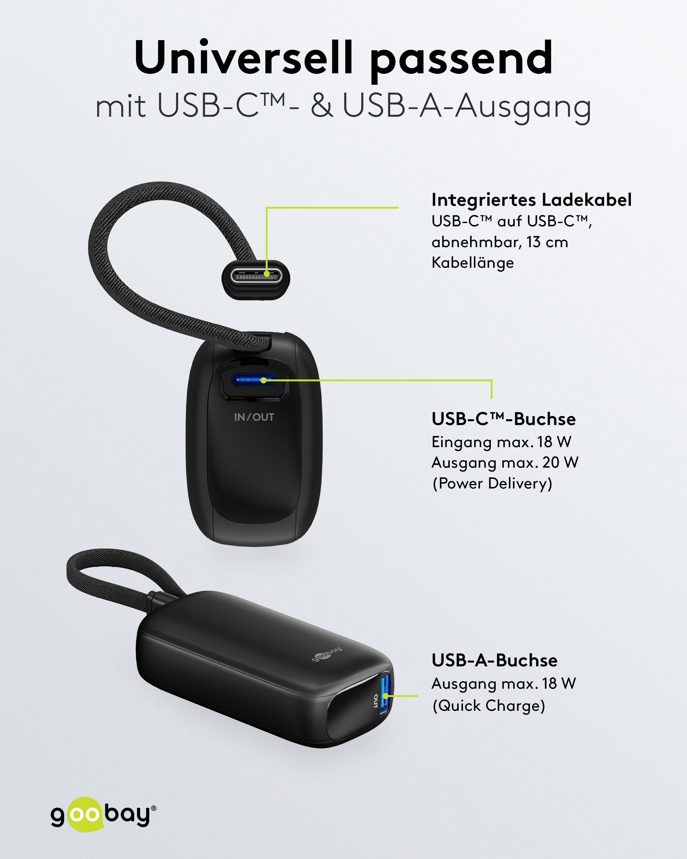 GOOBAY USB Powerbank 76250, 5.000mAh, 20 W, USB-A, USB-C, schwarz