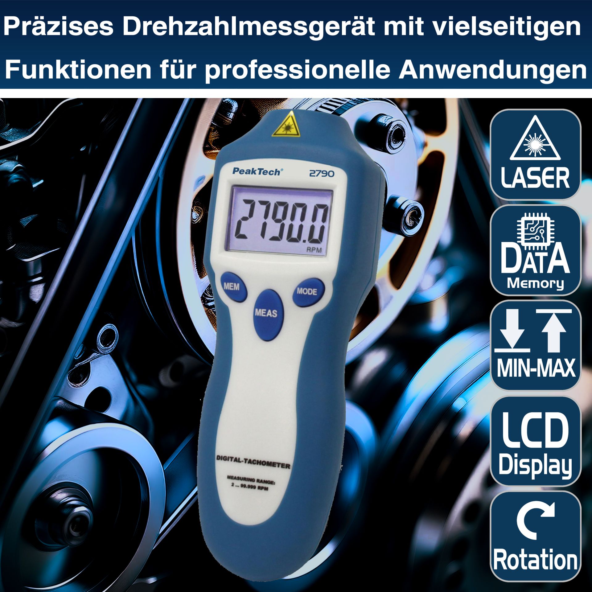 PEAKTECH Drehzahlmessgerät P 2790, 5-stellig, 1... 99.999 rpm