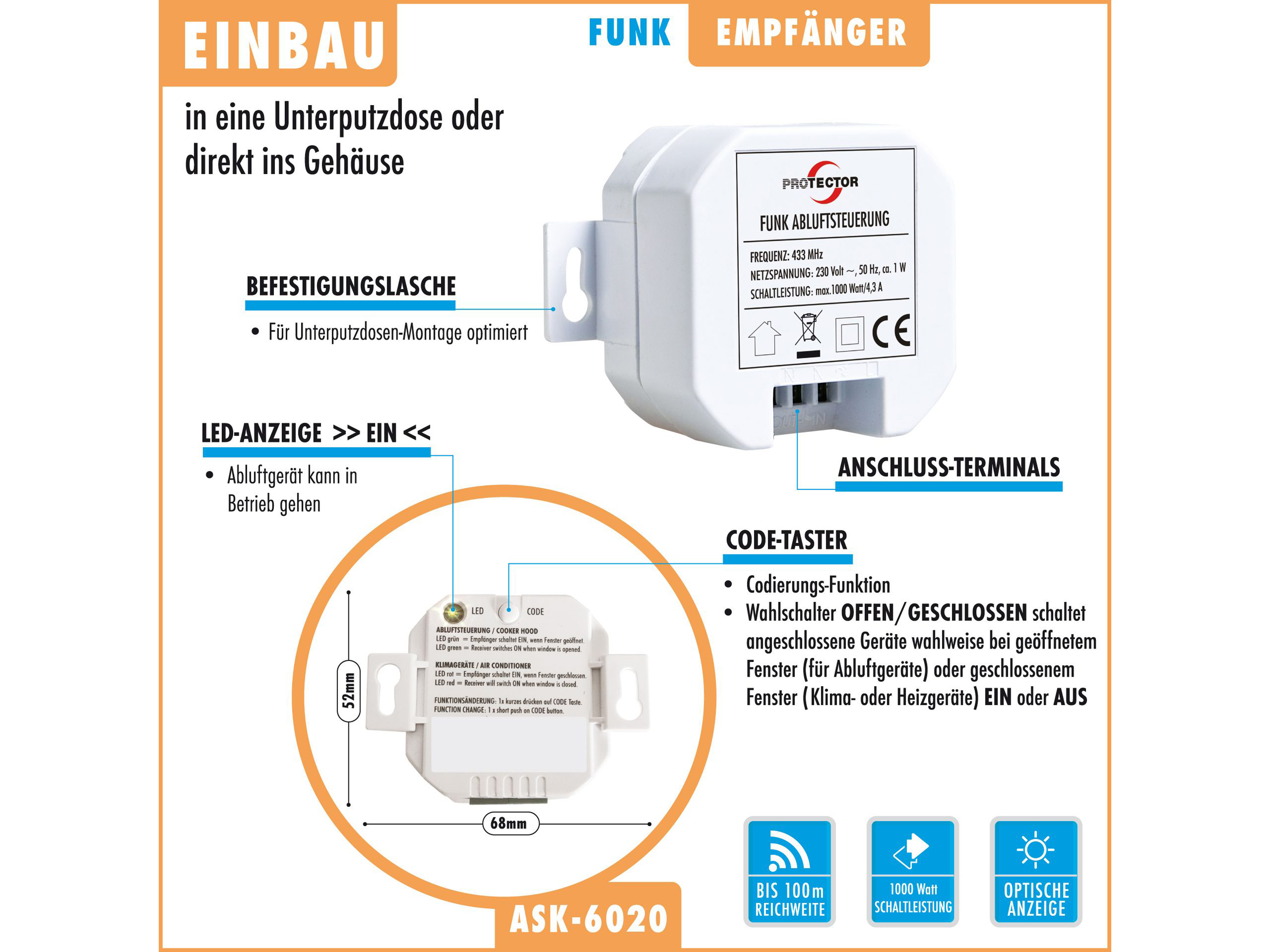 PROTECTOR Funk Abluftsteuerung ASK 6020, mit Kinetik Fenster-Sender, Einbauvariante