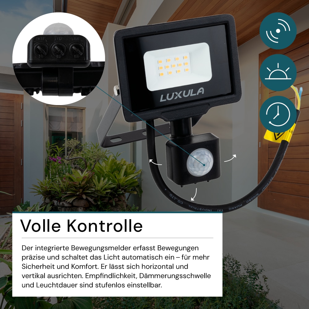 LUXULA LED-Fluter mit Bewegungsmelder, EEK: F, 10W, 1000lm, 4000K, schwarz