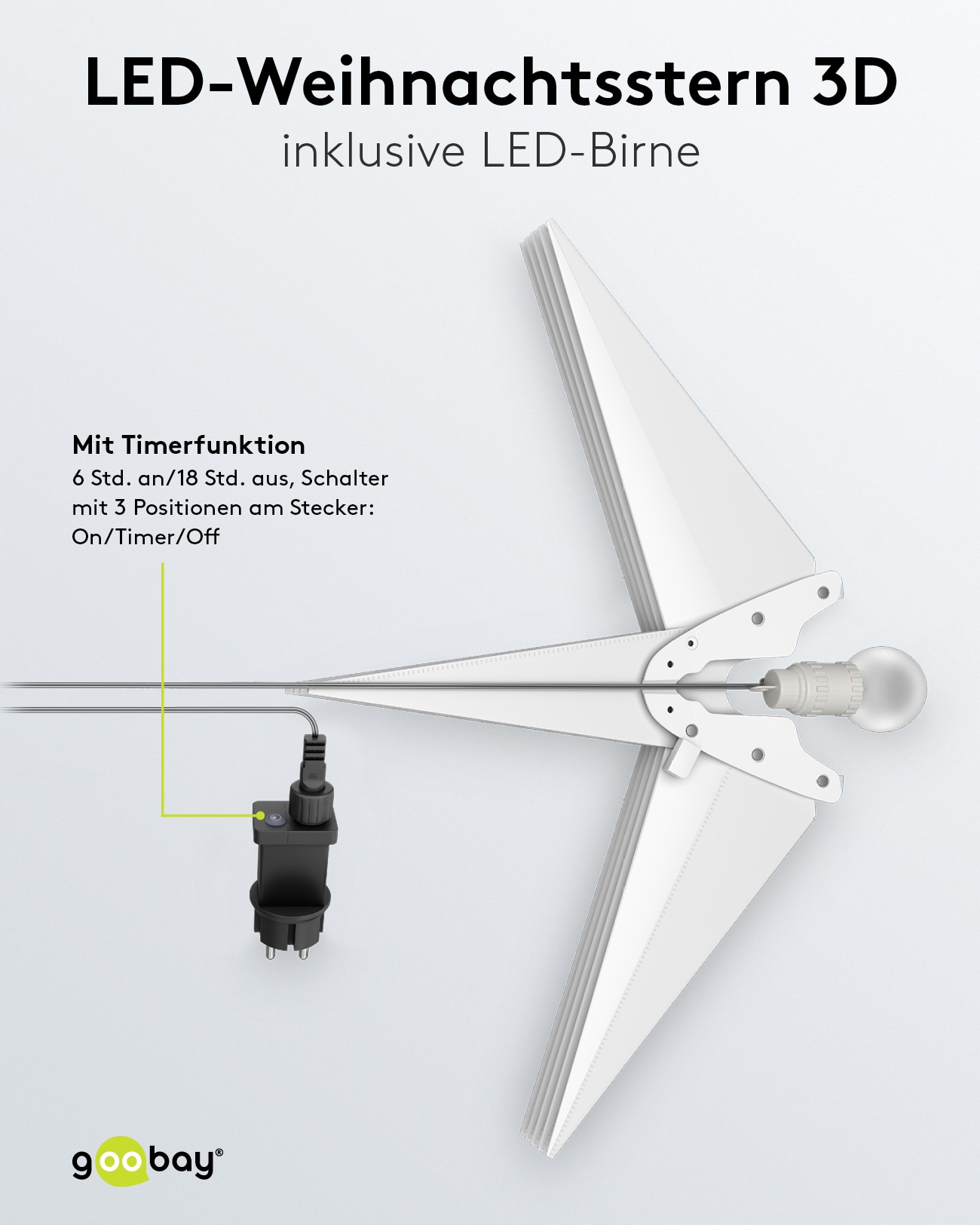 GOOBAY LED-Stern, 18 Zacken, 56cm, Outdoor, Timerfunktion, mit Netzteil GOOBAY LED-Stern, 18 Zacken, 56cm, Outdoor, Timerfunktion, mit Netzteil