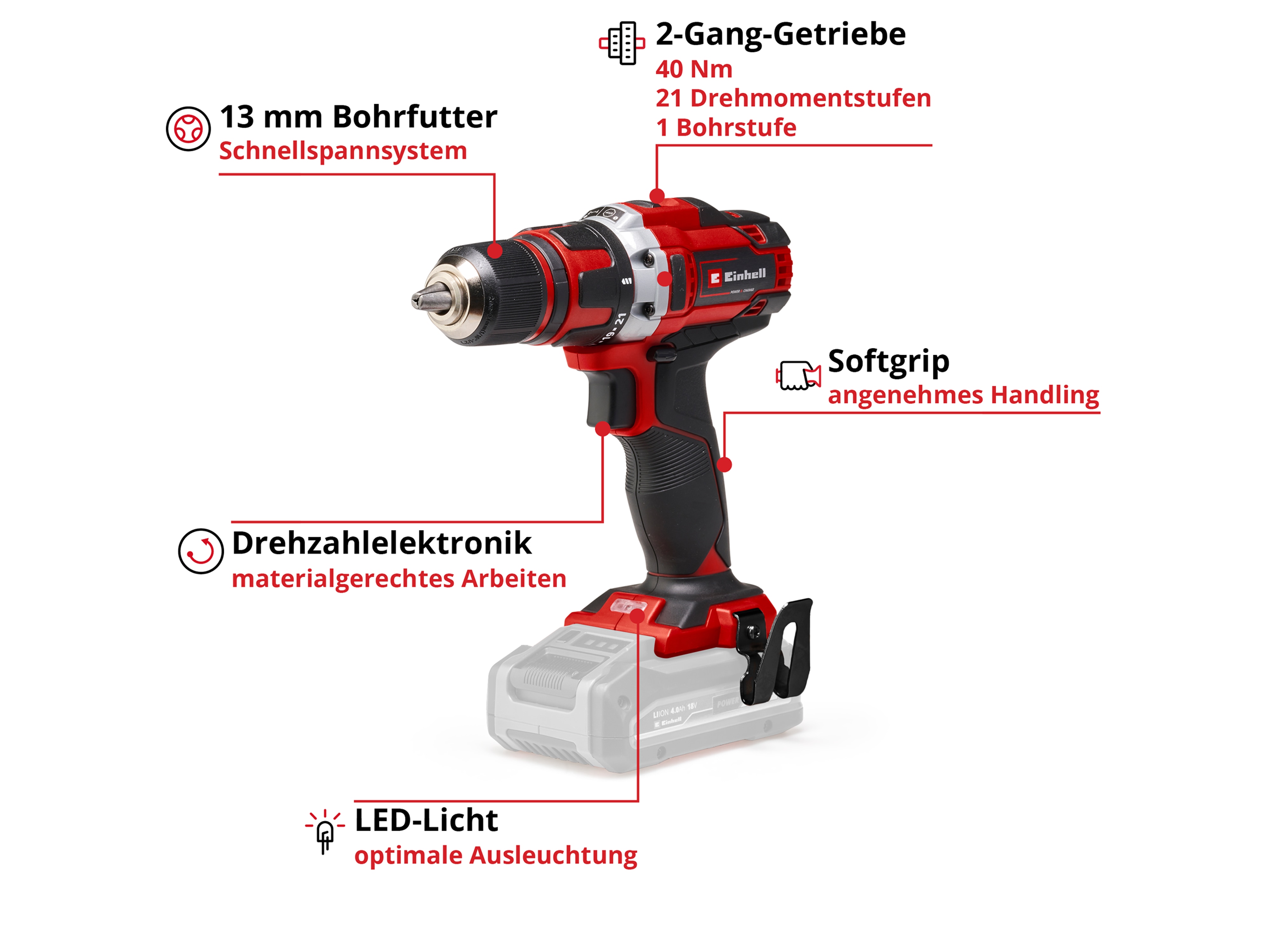 EINHELL Akku-Bohrschrauber TE-CD 18/40 Li Kit (1x 4,0 Ah)