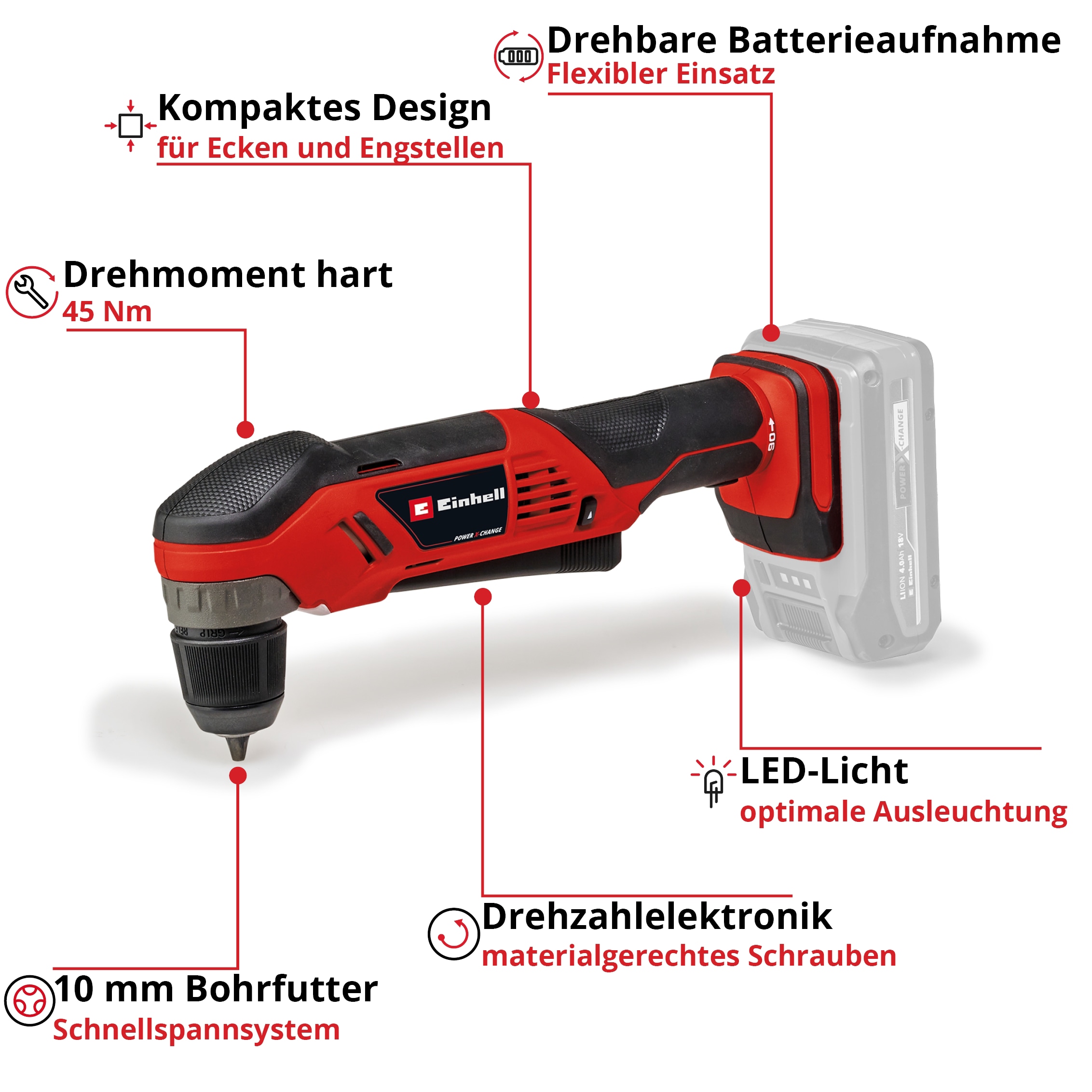 EINHELL Akku-Winkelbohrmaschine TE-AD 18 Li-Solo