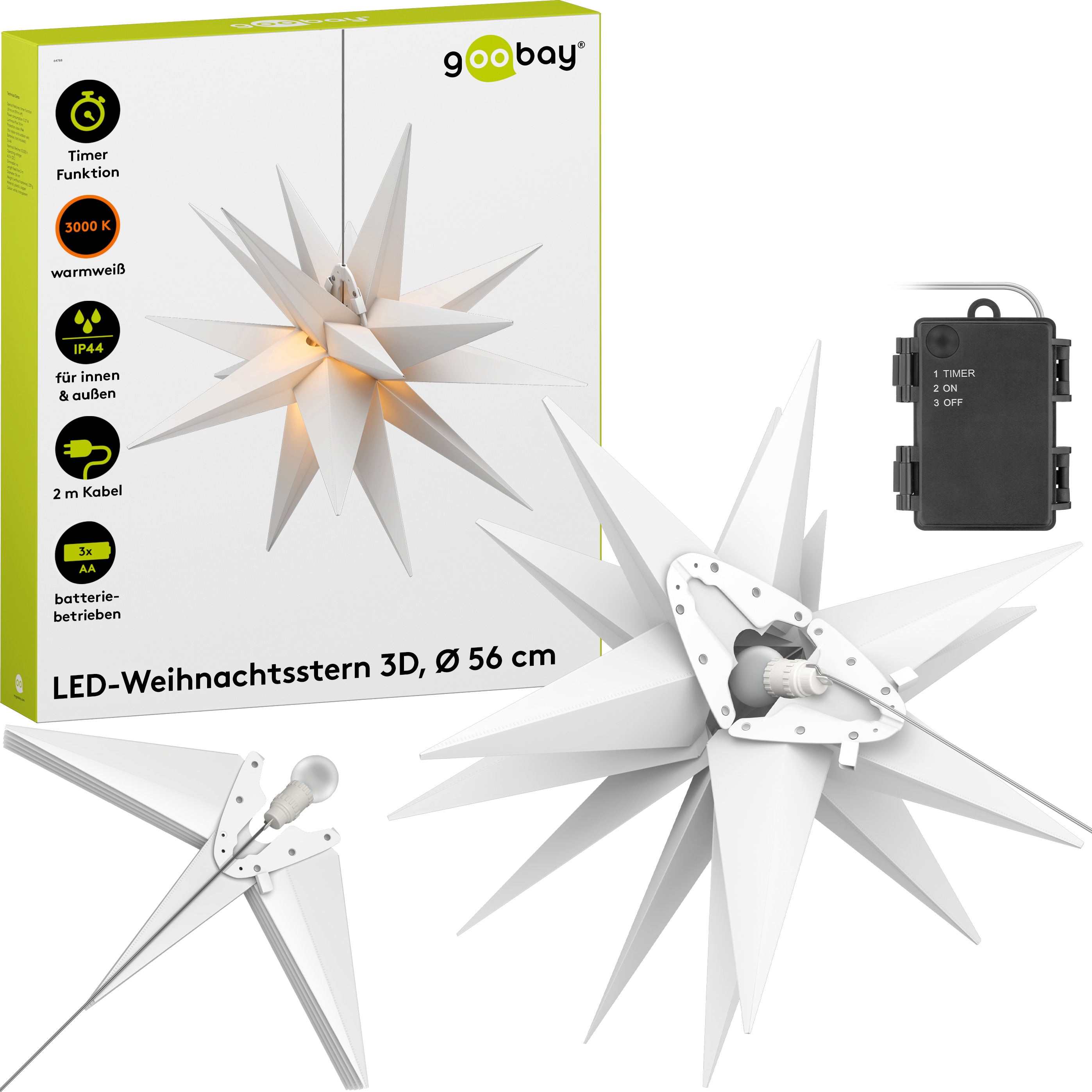 GOOBAY LED-Stern, 18 Zacken, 56cm, Outdoor, Timerfunktion, Batteriebetrieben