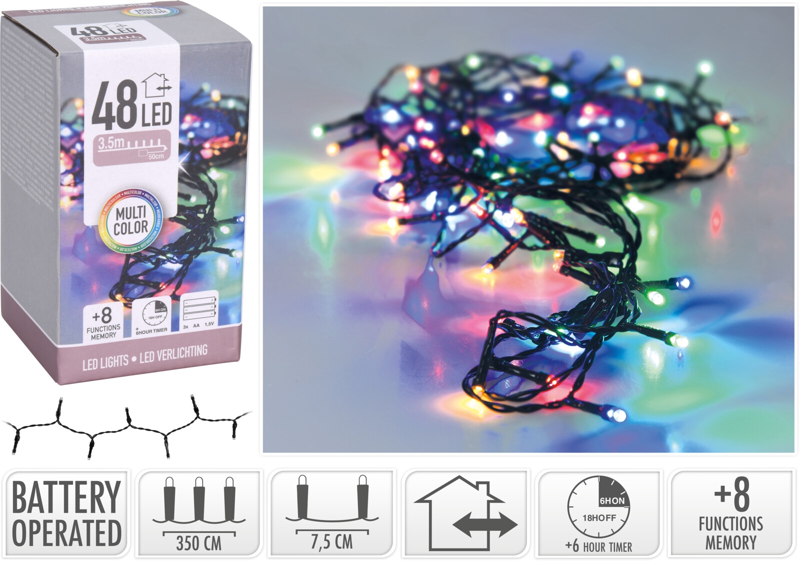 LED-Lichterkette bunt, 48 LEDs, Batteriebetrieben, schwarzes Kabel, Innen/Außen, 4m