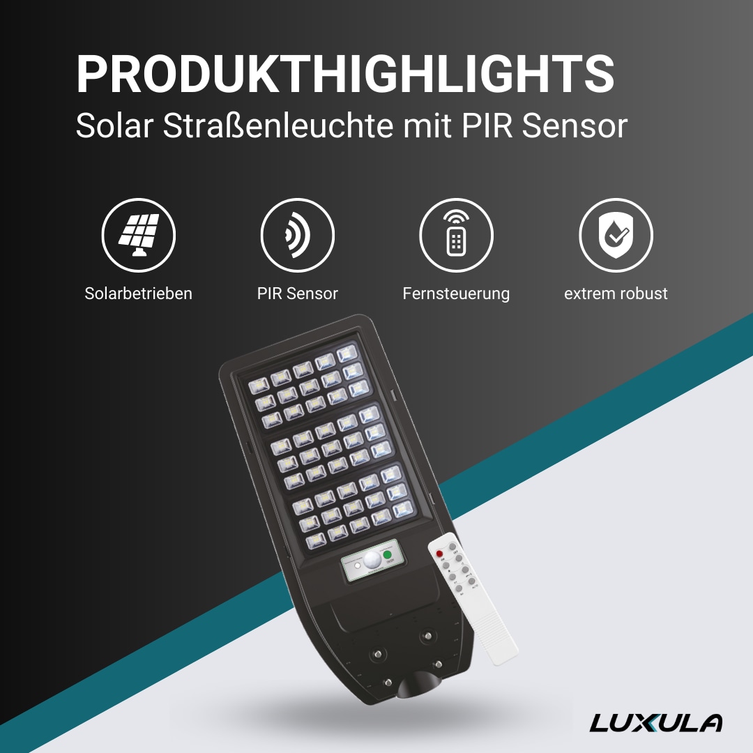 LUXULA Solar LED-Straßenleuchte, 100 W, 1200 lm, 6500 K, mit PIR Sensor LUXULA Solar LED-Straßenleuchte, 100 W, 1200 lm, 6500 K, mit PIR Sensor
