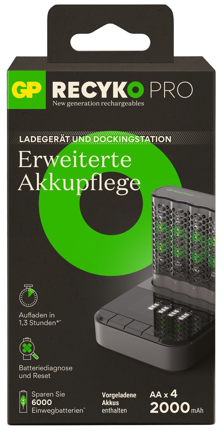 GP ReCyko P461/D461,USB-Ladegerät +Dockingstation in. 4AA NiMH Akkus 2.000 mAh