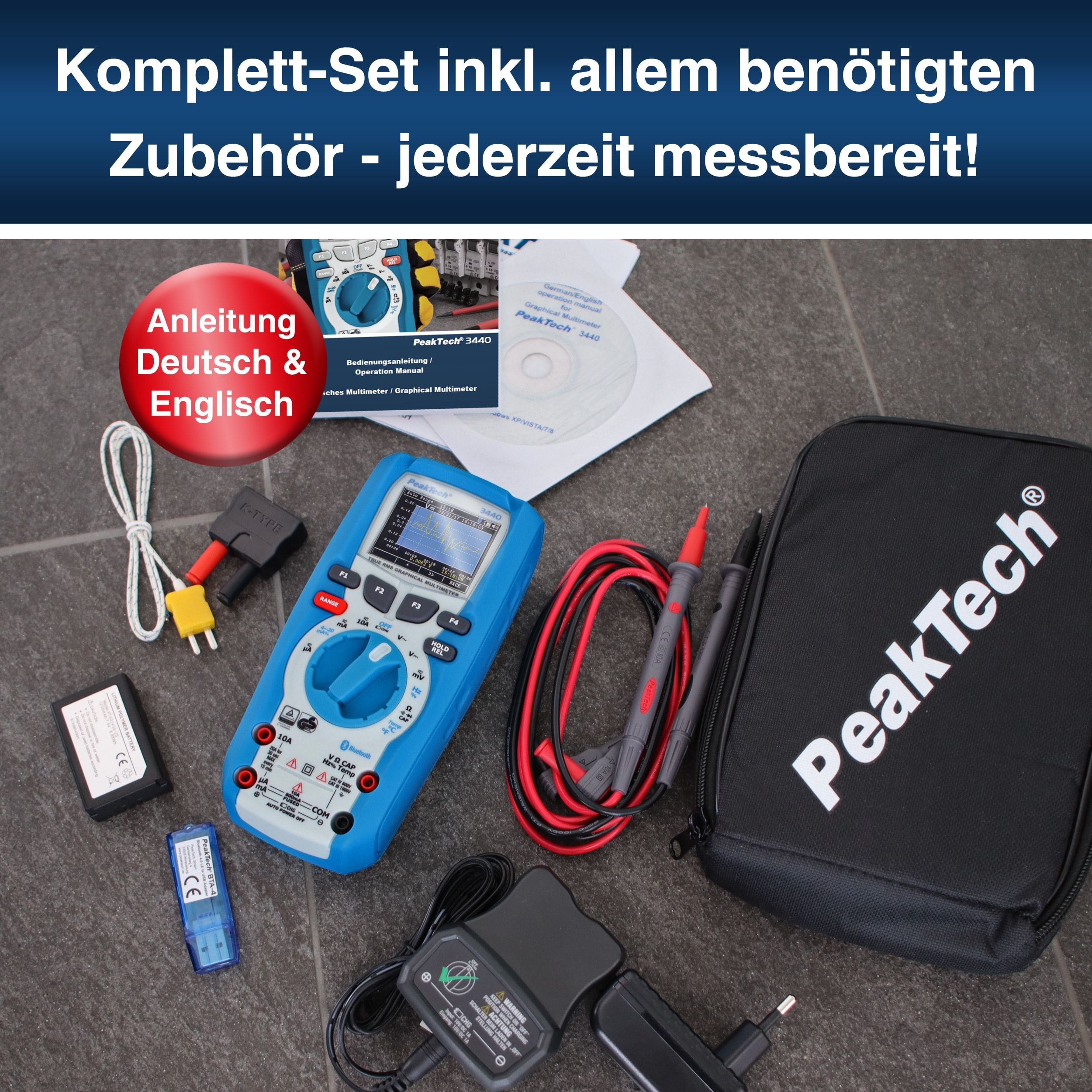 PEAKTECH Grafisches Multimeter, P 3440, 1000 V AC/DC, 10 A AC/DC, Bluetooth