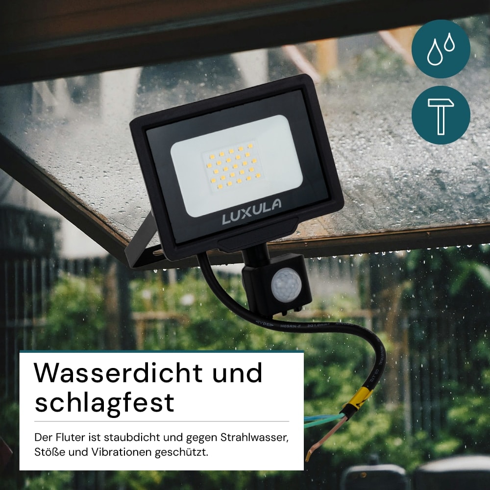 LUXULA LED-Fluter mit Bewegungsmelder, EEK: F, 20W, 2000lm, 3000K, schwarz