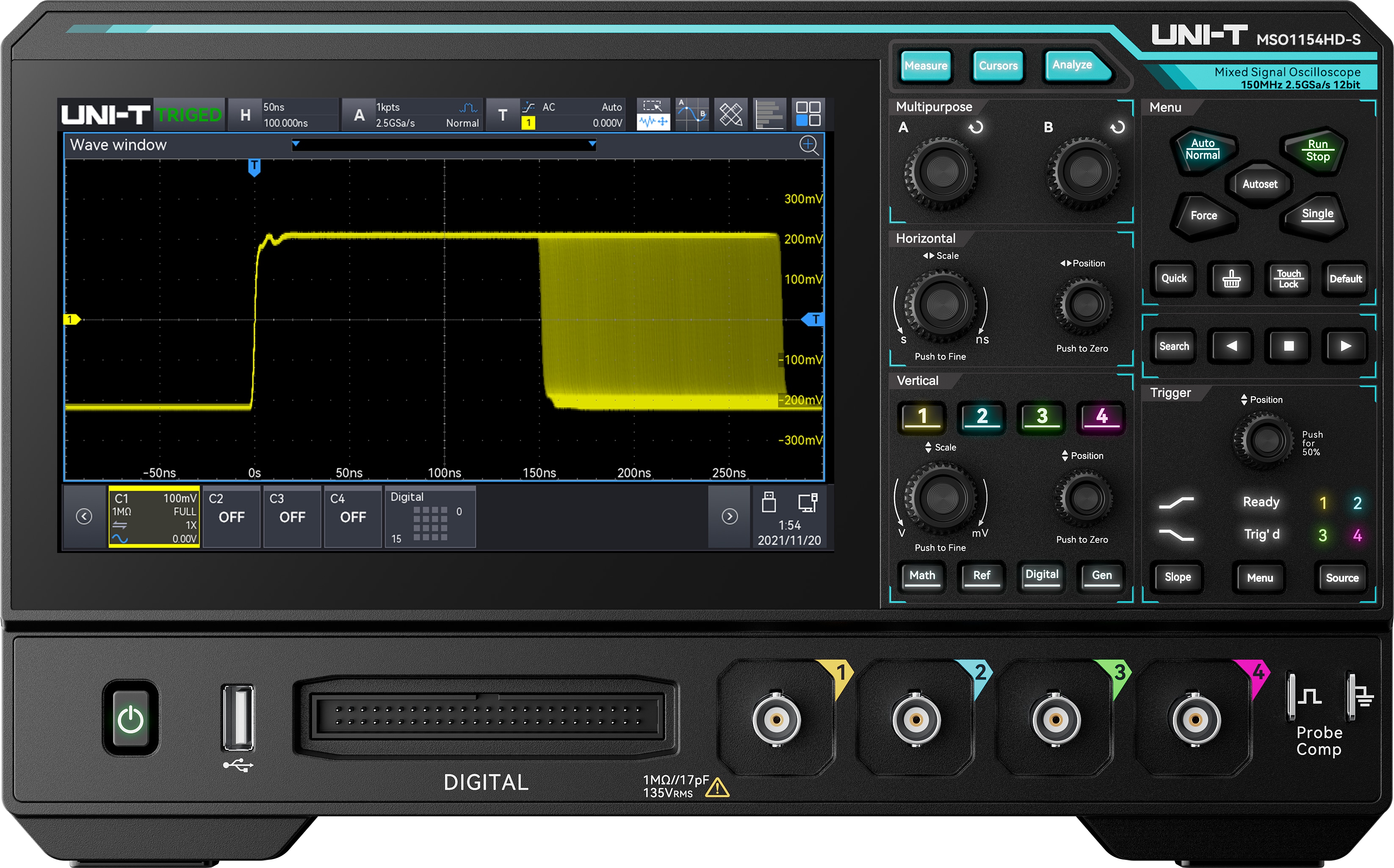 UNI-T Oszilloskop MSO1154HD-S, AWG, 4+16 Kanäle, 2,5 GS/s, 150 MHz