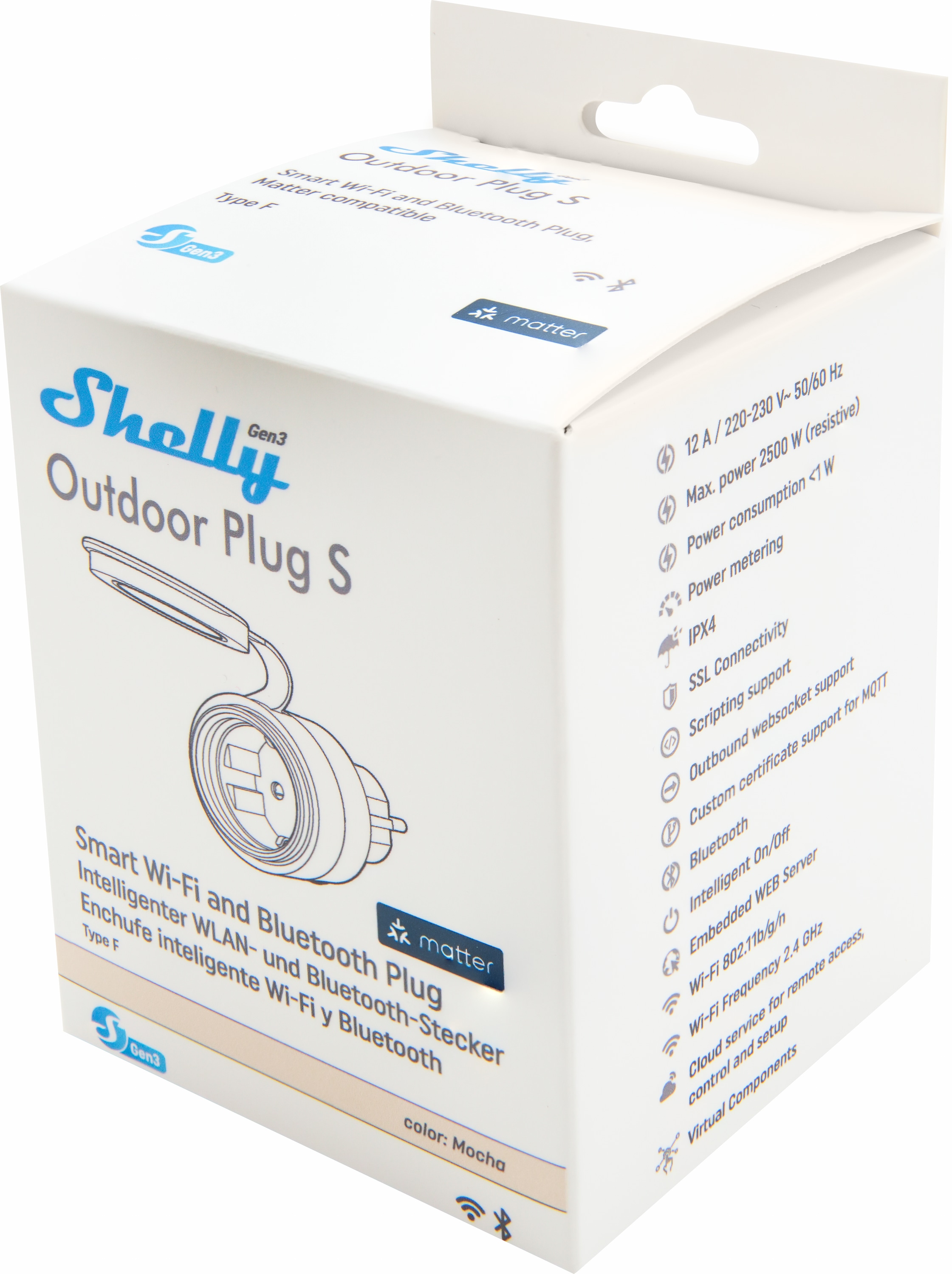 SHELLY WLAN-Steckdose Plug S Gen3, Outdoor, Matter, 4 Stück