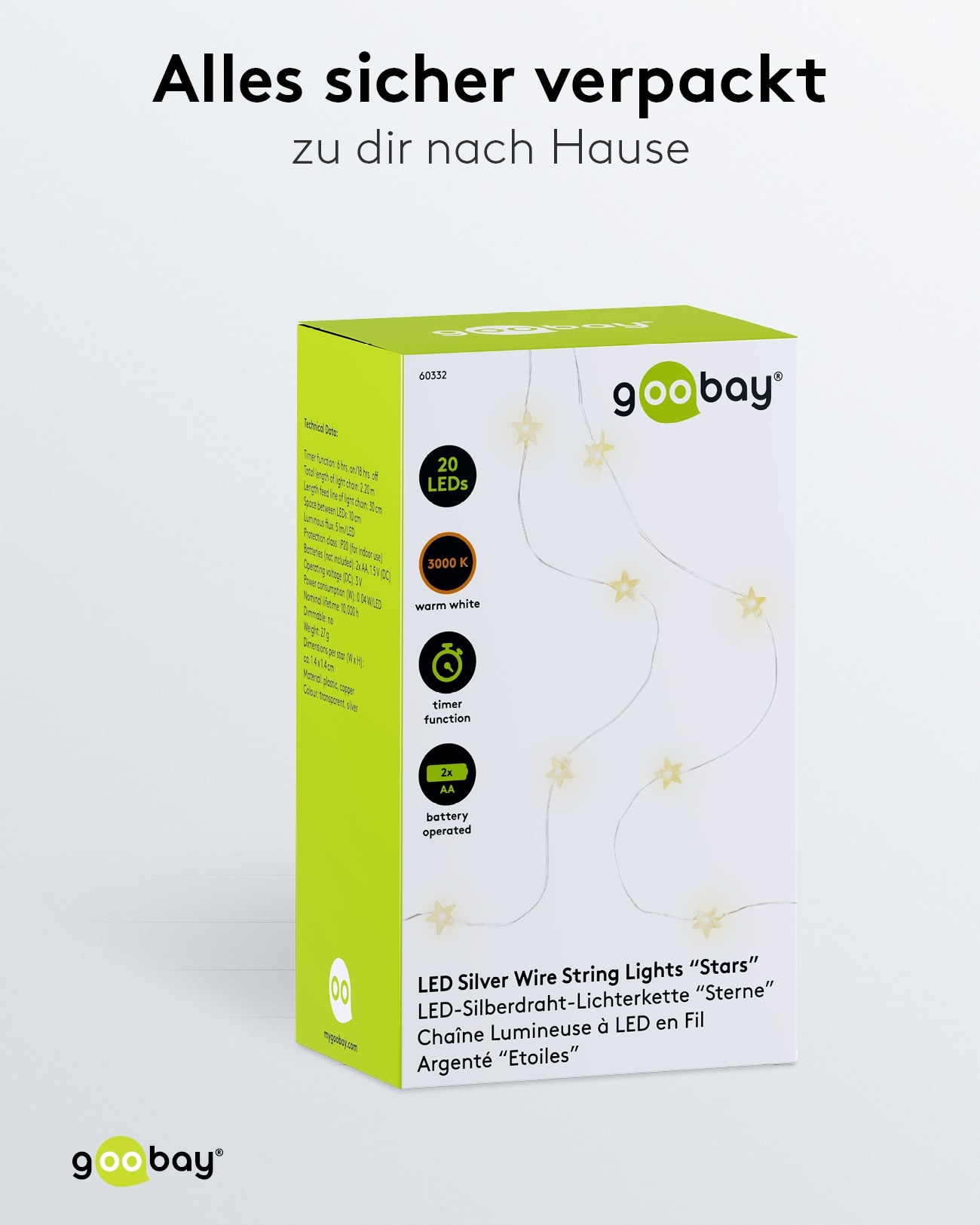 GOOBAY LED-Lichterkette "Sterne", Silberdraht, Timerfunktion, 20 LEDs, 220 cm