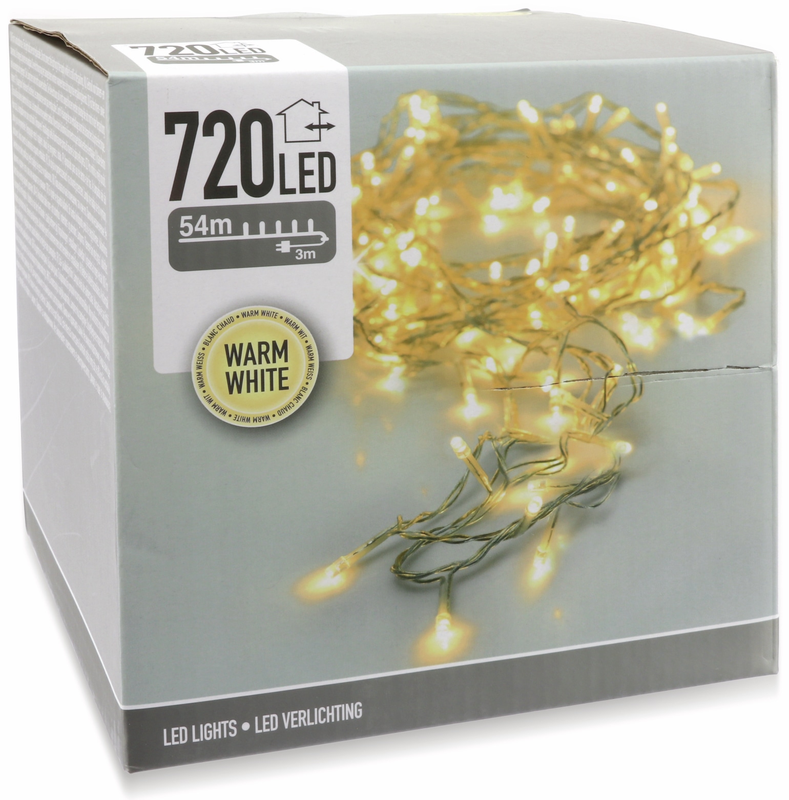 LED-Lichterkette, 720 LEDs, warmweiß, 230 V~, transparent, Innen/Außen, 57 m LED-Lichterkette, 720 LEDs, warmweiß, 230V~, IP44, Innen/Außen, silber/transparent