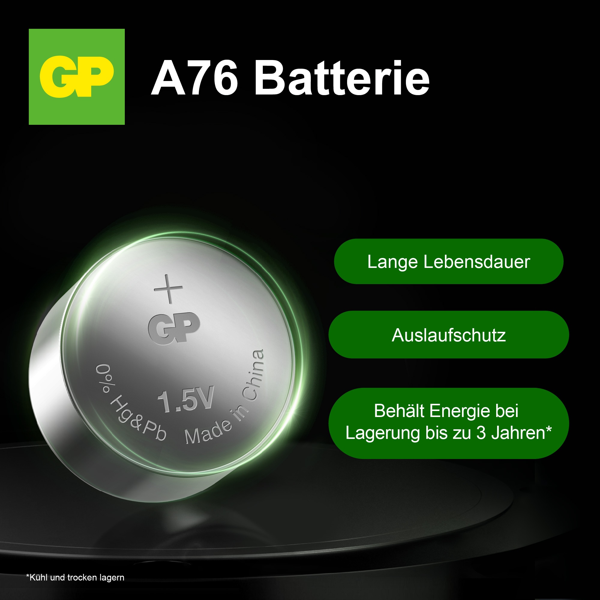 GP Knopfzelle LR44, Alkaline, 1,5 V-, 10 Stück