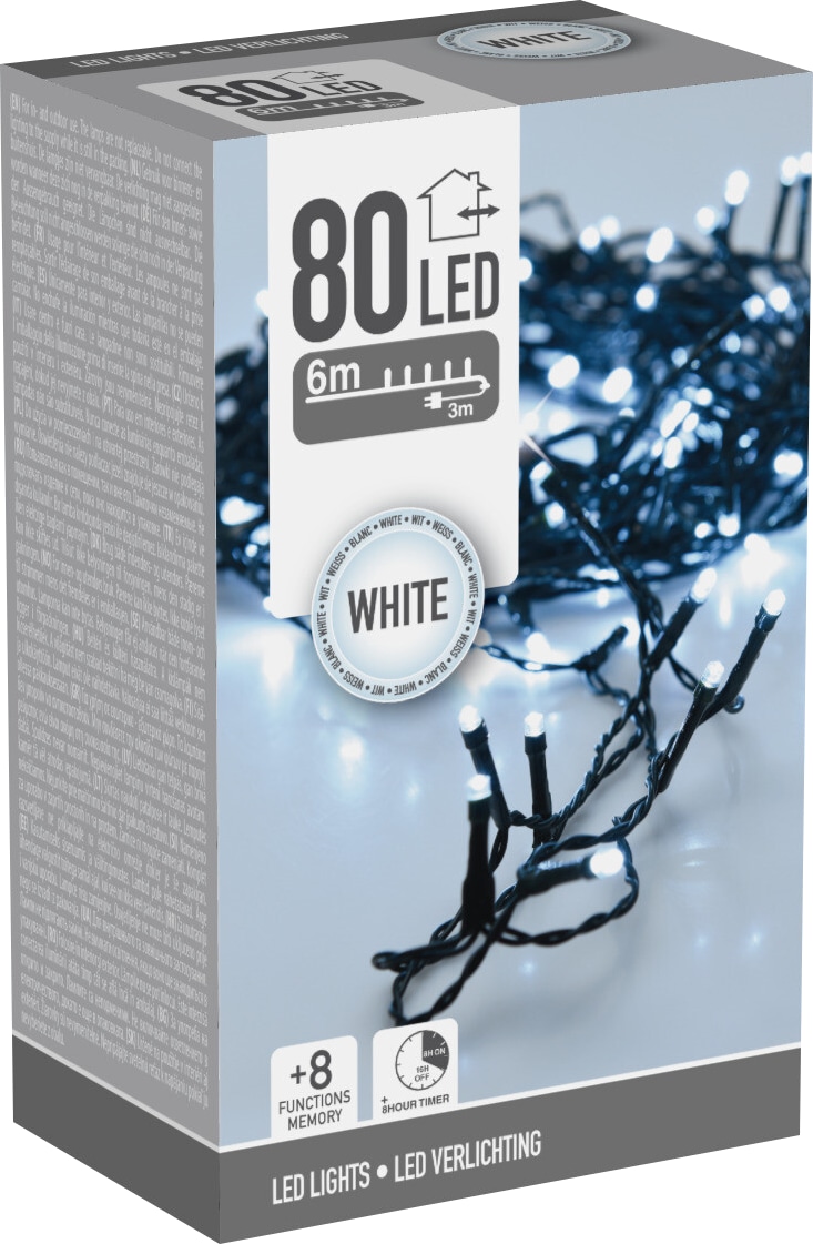 LED-Lichterkette, 80 LEDs, kaltweiß, 230 V~, grün, Innen/Außen, 9 m, Timer LED-Lichterkette 80 LEDs, Grünes Kabel, Innen/Außen, kaltweiß, 7,9m