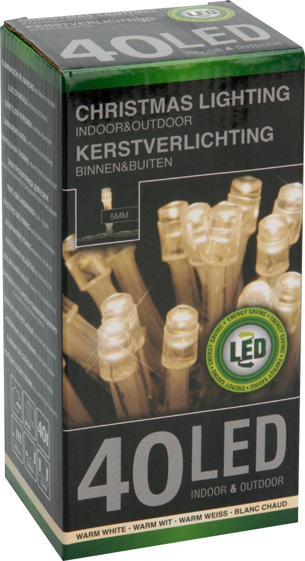 LED-Lichterkette, 40 LEDs, warmweiß, 230 V~, transparent, Innen/Außen, 6 m LED-Lichterkette, 40 LEDs, warmweiß, 230V~, IP44, Innen/Außen, Kabelfarbe silber/transparent