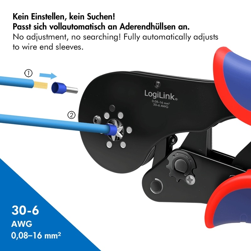 LOGILINK Selbsteinstellende Crimpzange, WZ0083, für Aderendhülsen 0,08-16 mm²