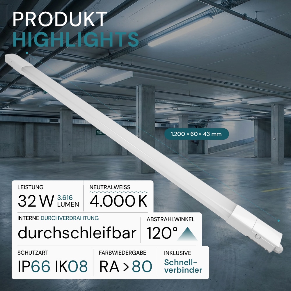 LUXULA LED-Feuchtraumleuchte, EEK: E, 32W, 3616lm, 4000K, 1200mm