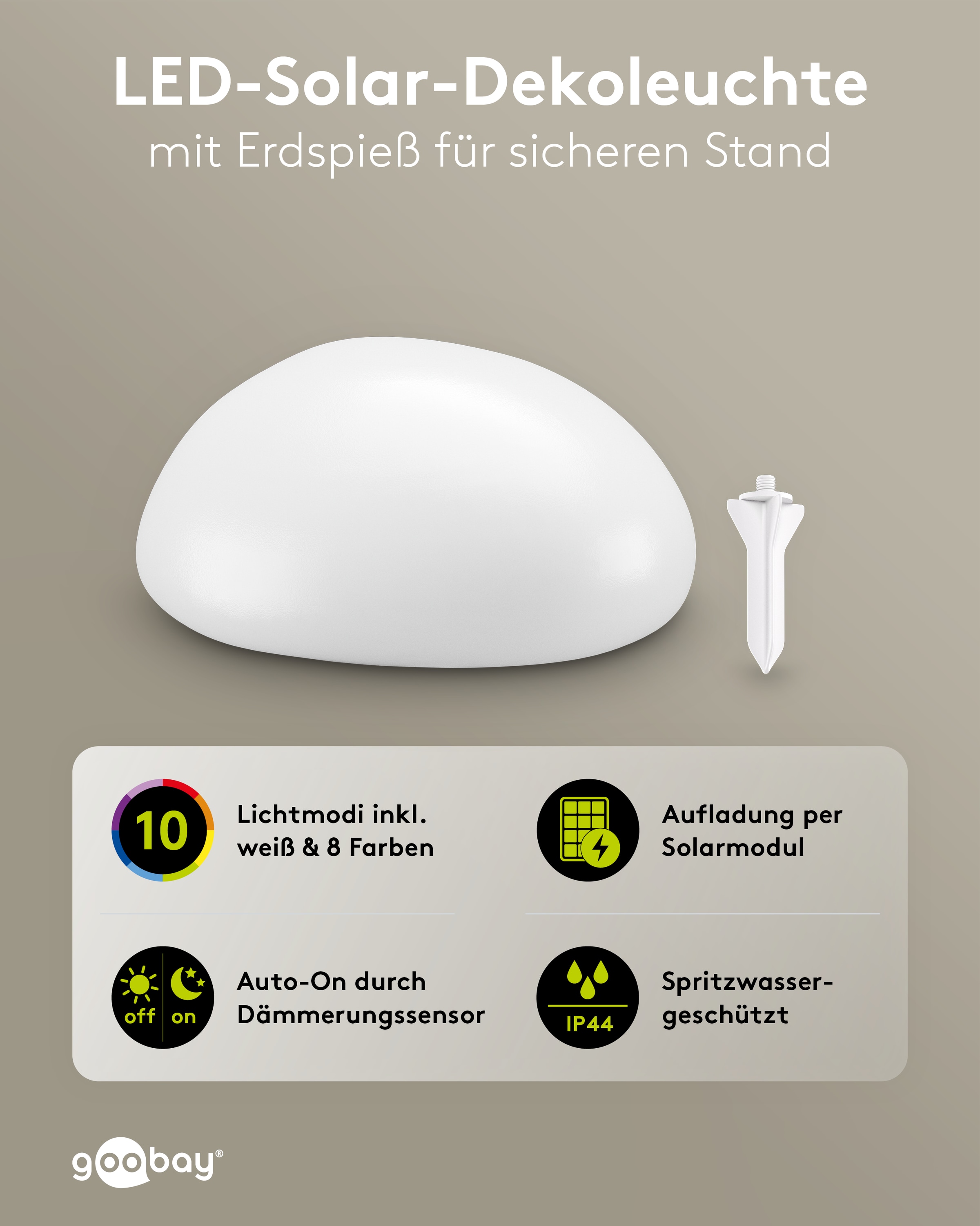 GOOBAY LED-Solar-Gartenleuchten, 24 cm, Stein, Größe M, RGBW, 2 Stück