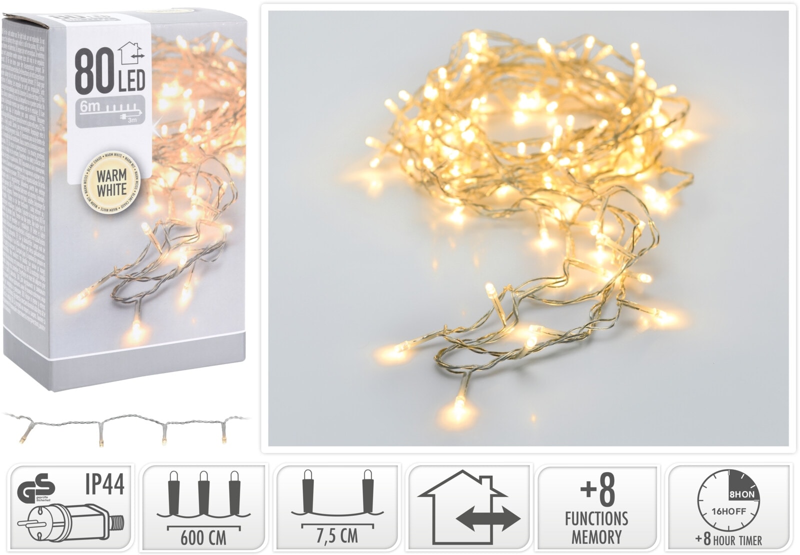 KOOPMAN LED-Lichterkette warmweiß, 80 LEDs, transparentes Kabel, Innen/Außen, 9m