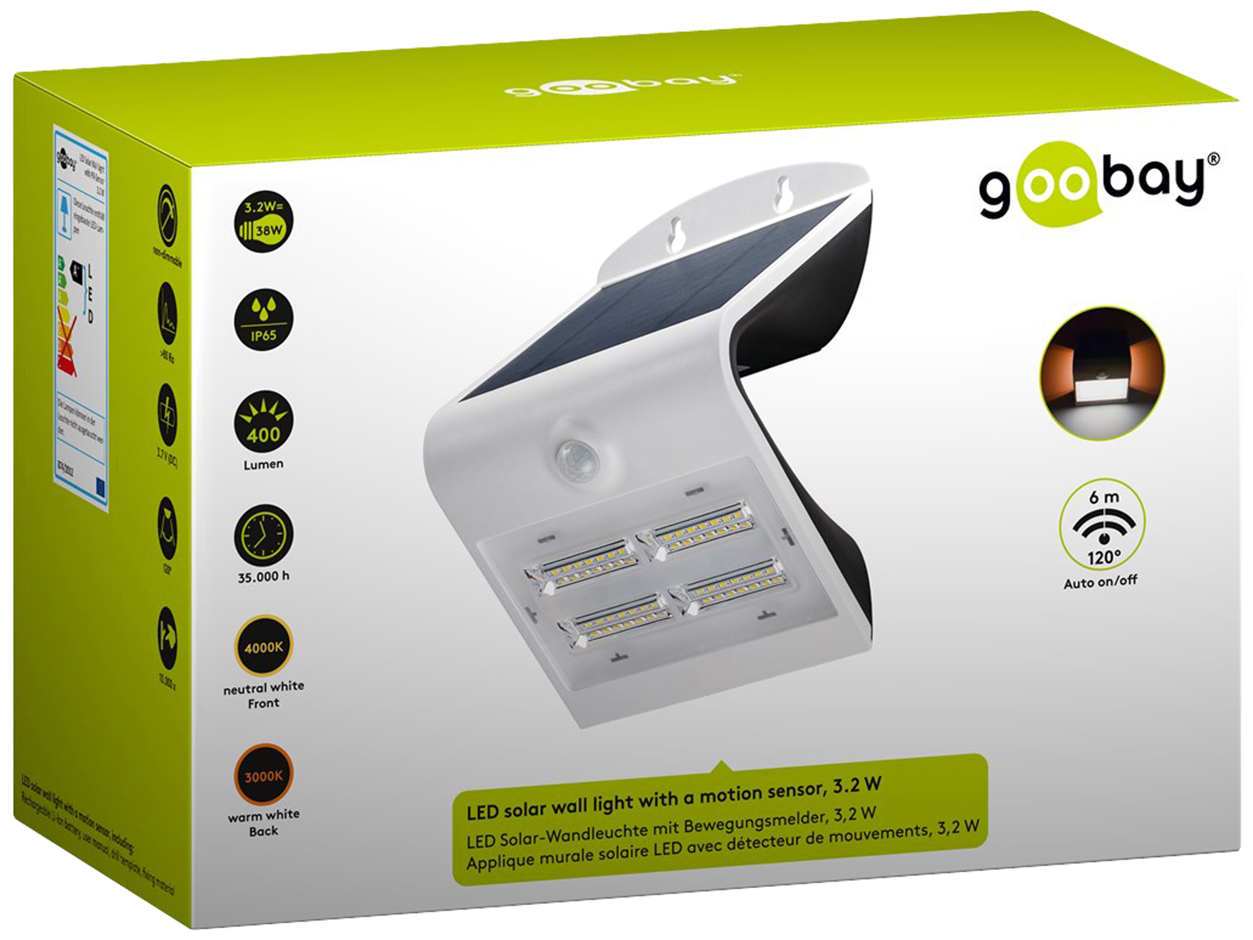 GOOBAY Solar LED-Wandleuchte mit Bewegungsmelder, 3,2 W, weiß