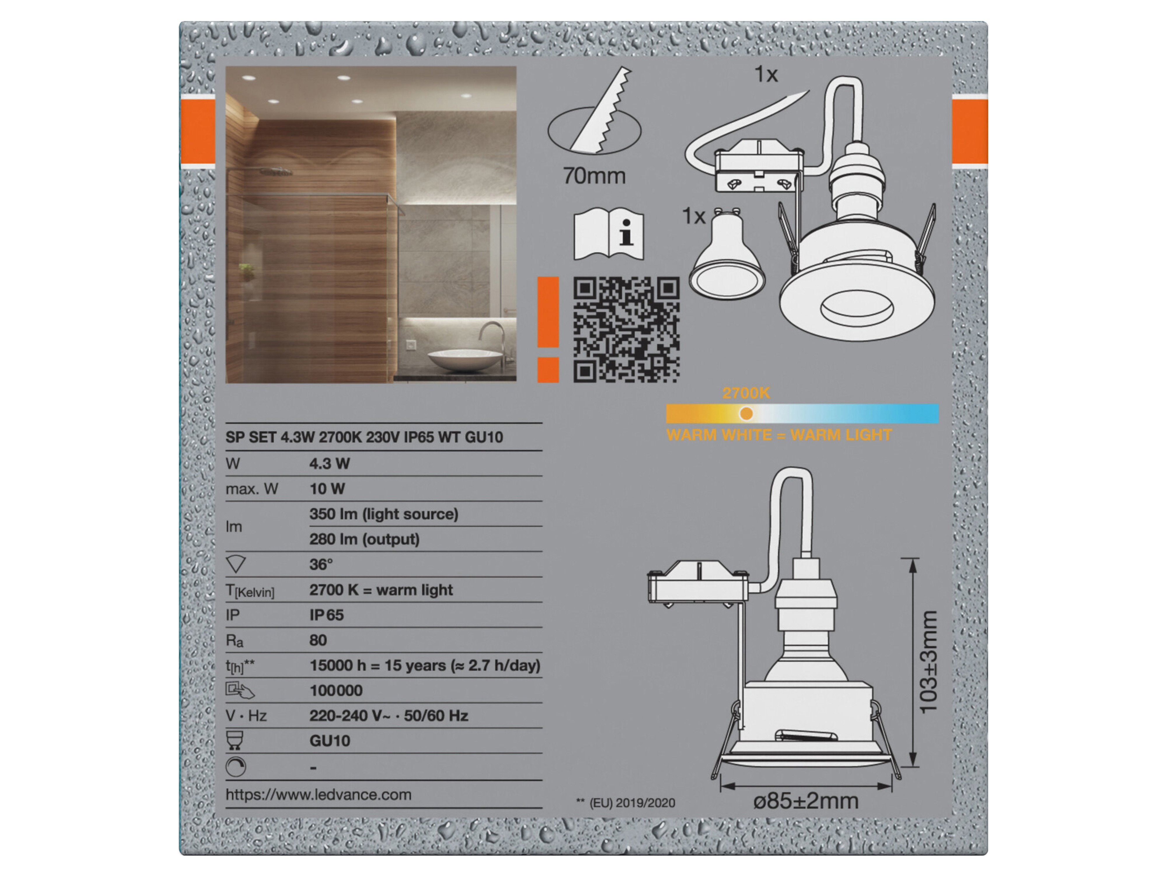 OSRAM Deckeneinbauleuchte mit GU10-Lampe, 4,3W, 280lm, 2700K, IP65, warmweiß