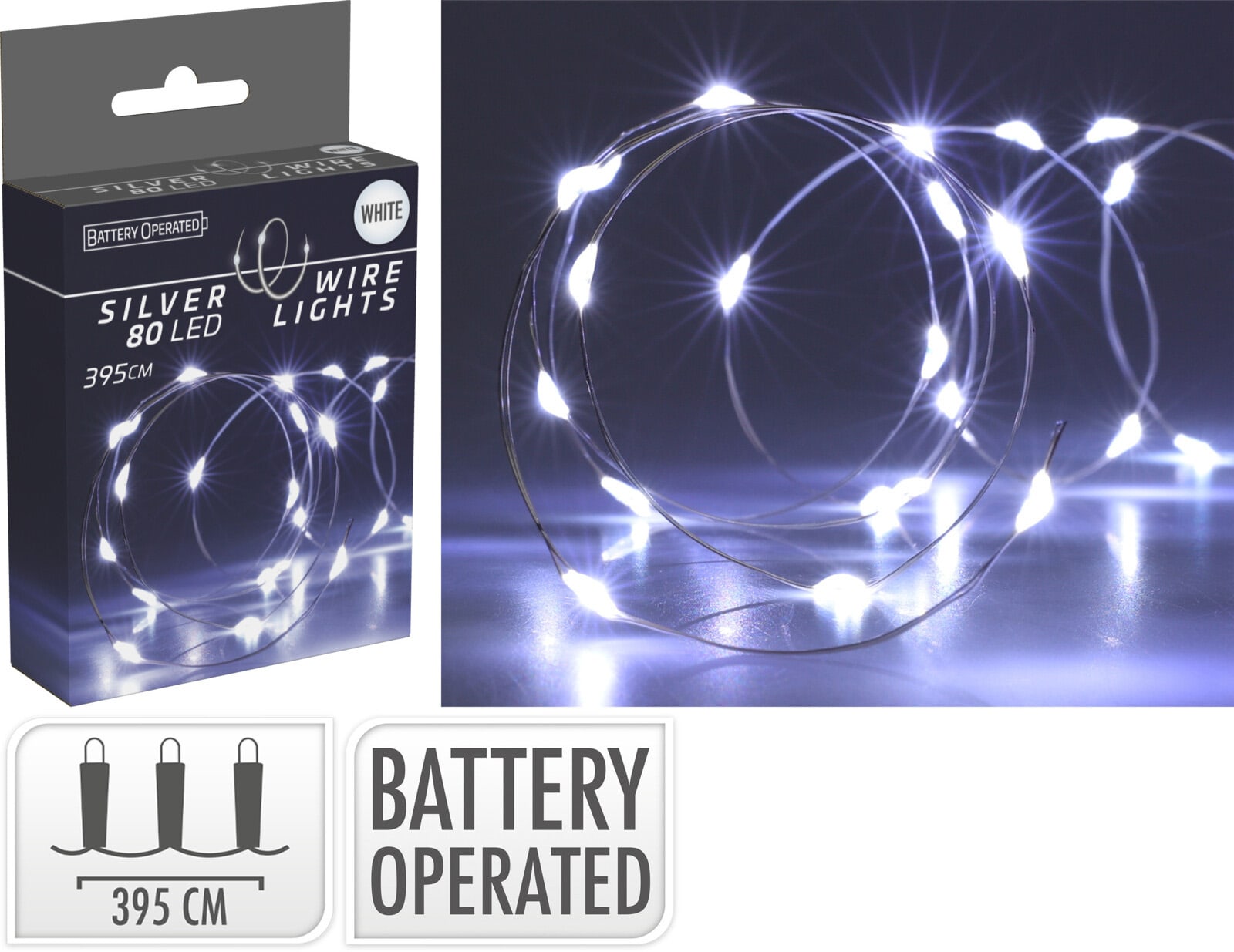 LED-Silberdrahtlichterkette, 80 LEDs, kaltweiß, Batterie, Innen, 4 m LED-Lichterkette, Silberdraht, 80 LEDs, kaltweiß, Batteriebetrieb