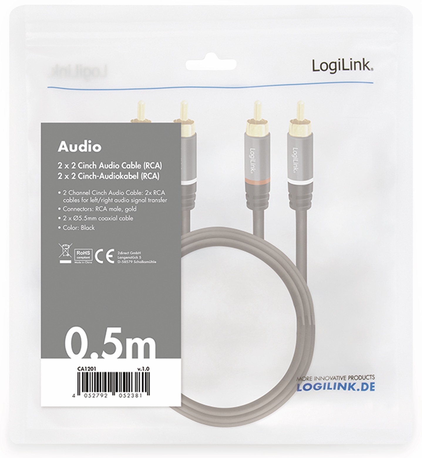 LOGILINK Cinchkabel CA1201, 0,5 m, 2x2 Cinchstecker, schwarz