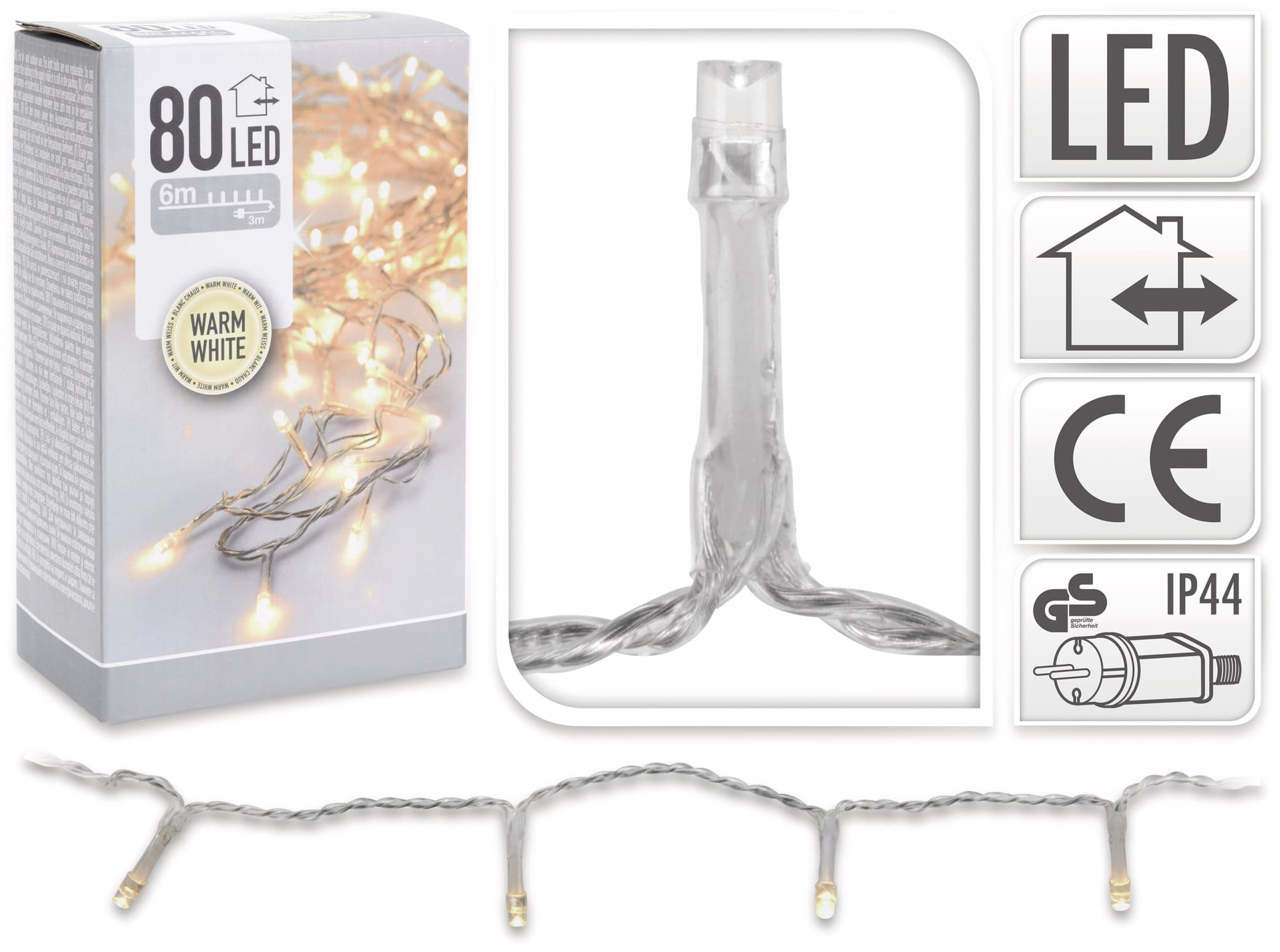 LED-Lichterkette, 80 LEDs, warmweiß, 230 V~, silber / transparent, Innen/Außen, 9 m
