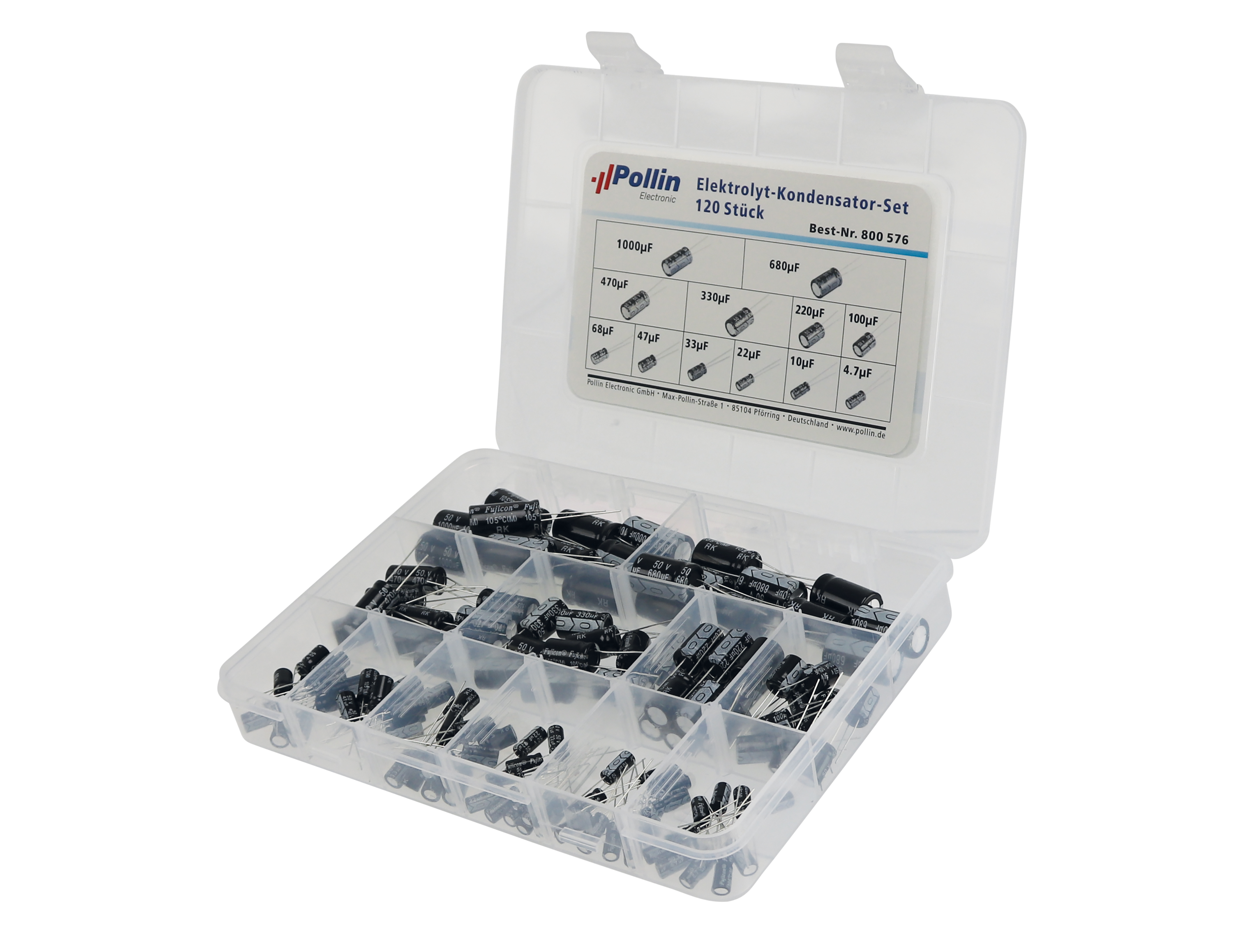 Sortiment Elektrolyt-Kondensatoren, 50 V DC, 120 teilig, 12 Werte, je 10 Stk. Sortiment Elektrolyt-Kondensatoren, 50 V DC, 120 teilig, 12 Werte, je 10 Stk.