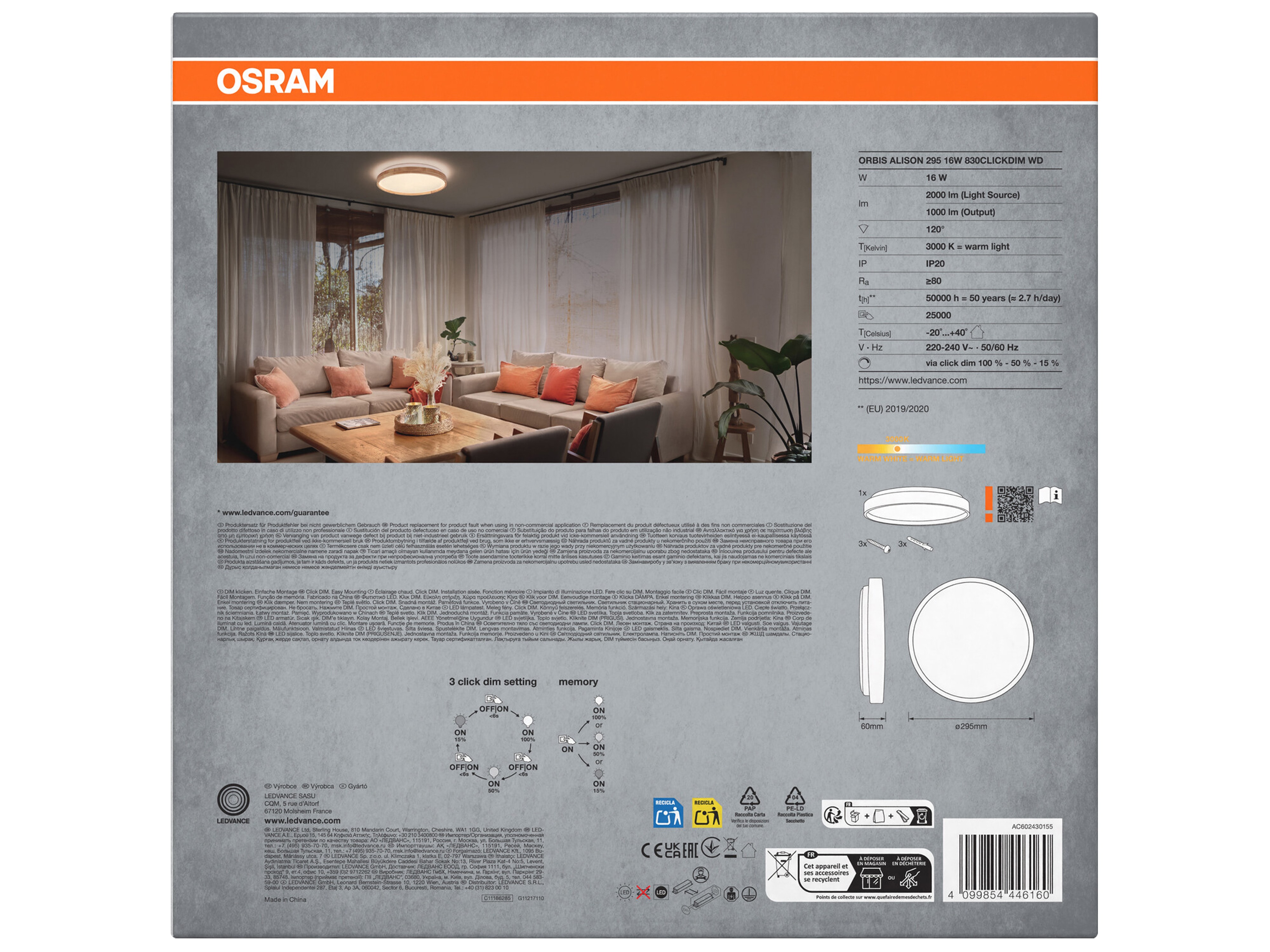 OSRAM LED-Deckenleuchte mit Holzring, 16 W, 3000 K, EEK: E, 1000 lm, IP20, warmweiß