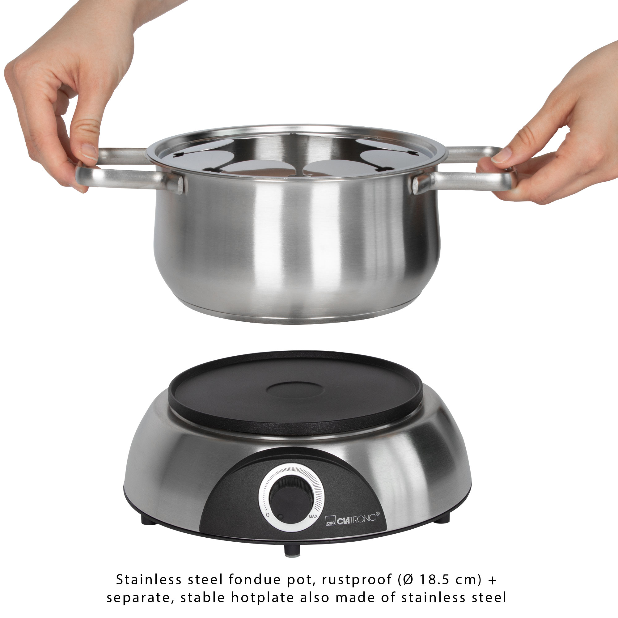 CLATRONIC Fondue-Set FD 3783, Edelstahl Topf, 8 Personen, 1,2 L, 1400W