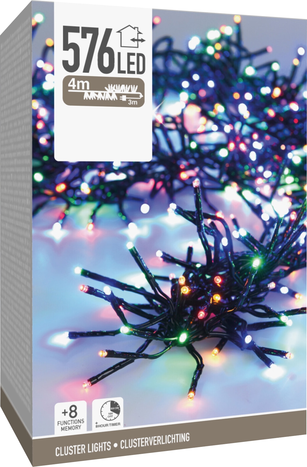 LED-Clusterlichterkette bunt, 576 LEDs, schwarzes Kabel, Innen/Außen, 7,2m
