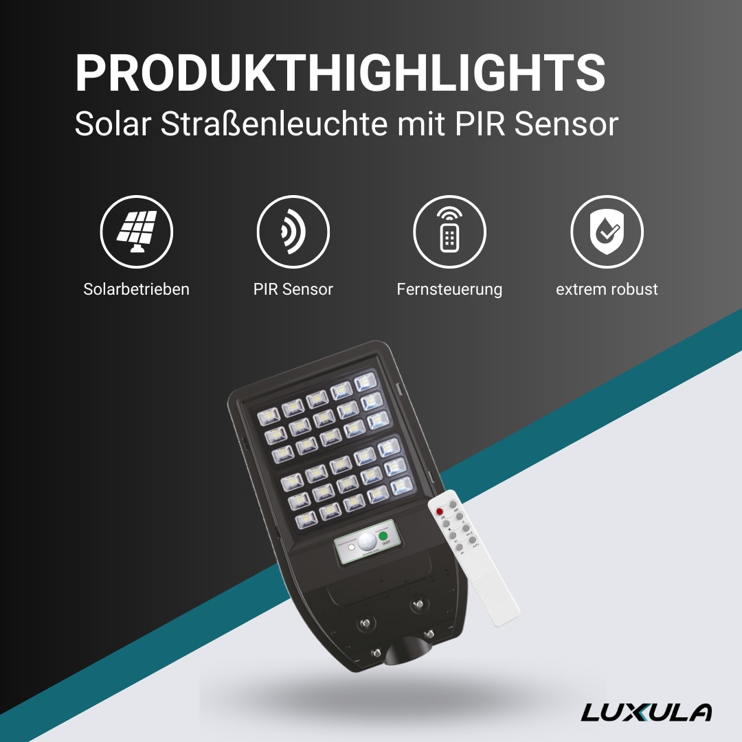 LUXULA Solar-Straßenleuchte, 50 W, 600 lm, mit PIR Sensor LUXULA Solar-Straßenleuchte, 50 W, 600 lm, mit PIR Sensor